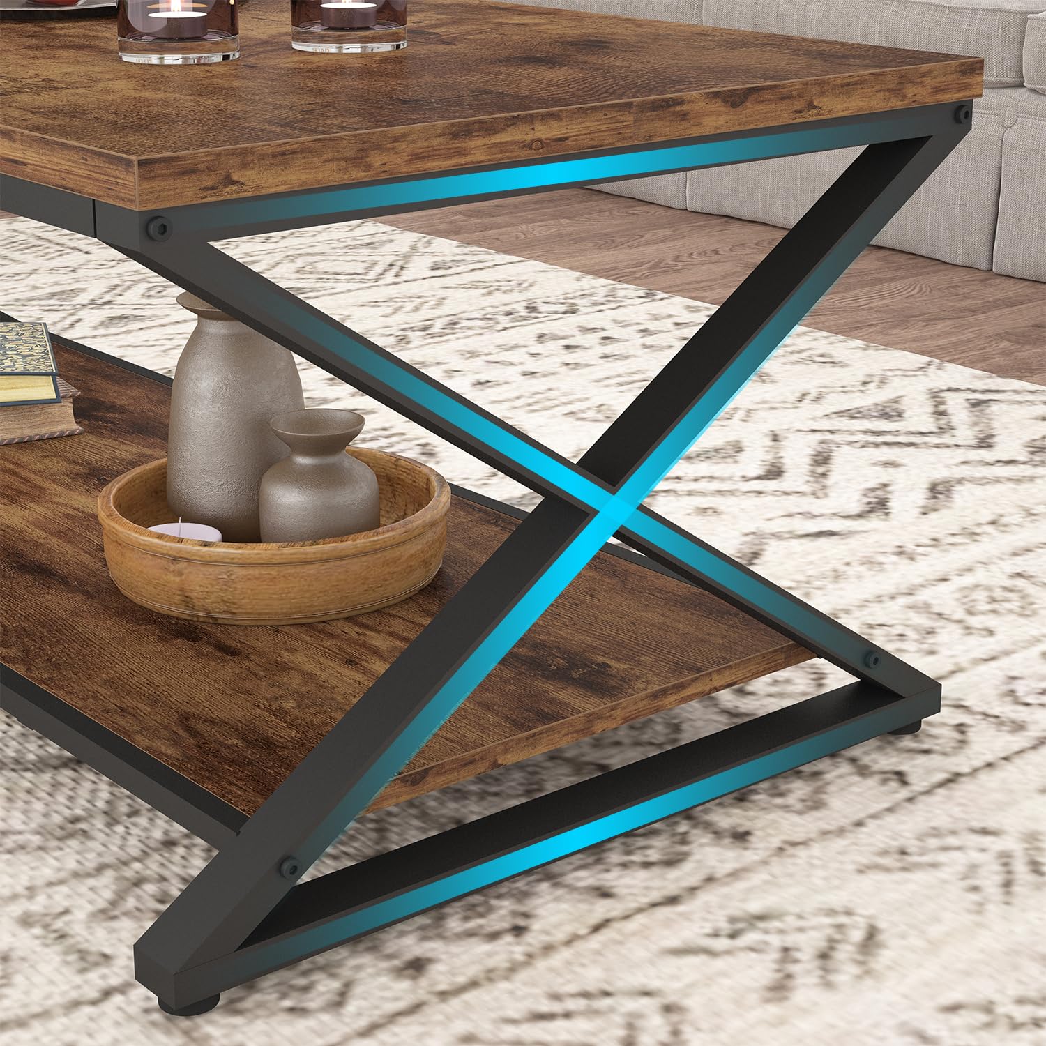 HSH Rustic Brown Wood Coffee Table with Storage - 39 Inch Modern Farmhouse 2-Tier Center Table for Living Room, Home Office & Bedroom | Rectangle Cocktail & Tea Table for Minimalist Decor & Small Space Organization