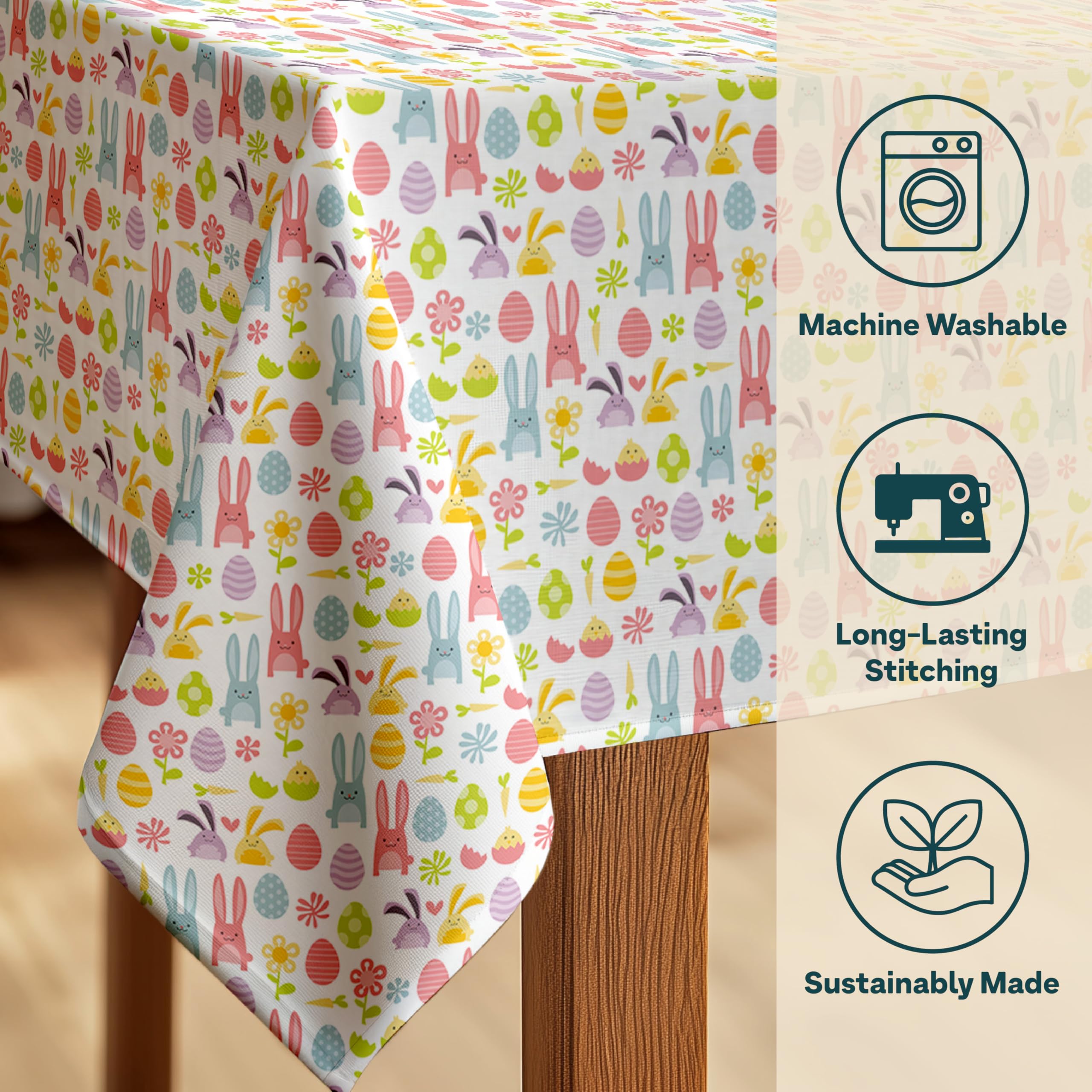 Easter Tablecloth 60x120 Inches - Rectangular Fabric Table Cover with Easter Eggs & Bunnies Design - Machine Washable, Stain Resistant - Made in USA - Perfect for Easter Dinner, Spring Parties & Holiday Decorations