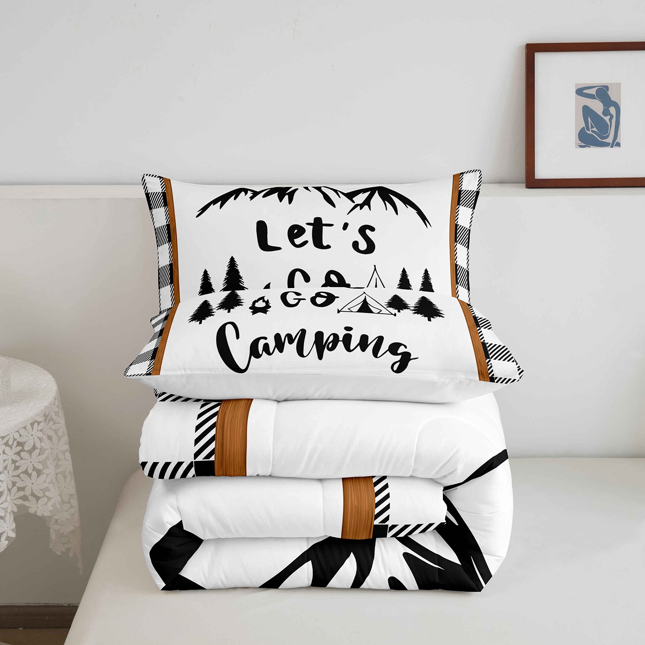 Feelyou Happy Camping Bedding Set - Queen Size 3-Piece Camper Comforter Set for Kids, Boys & Teens | Sketch Pine Tree Mountain Nature Design in White & Black Geometric Patterns | Perfect for Camping Trips, Dorm Rooms & Adventure-Themed Bedrooms