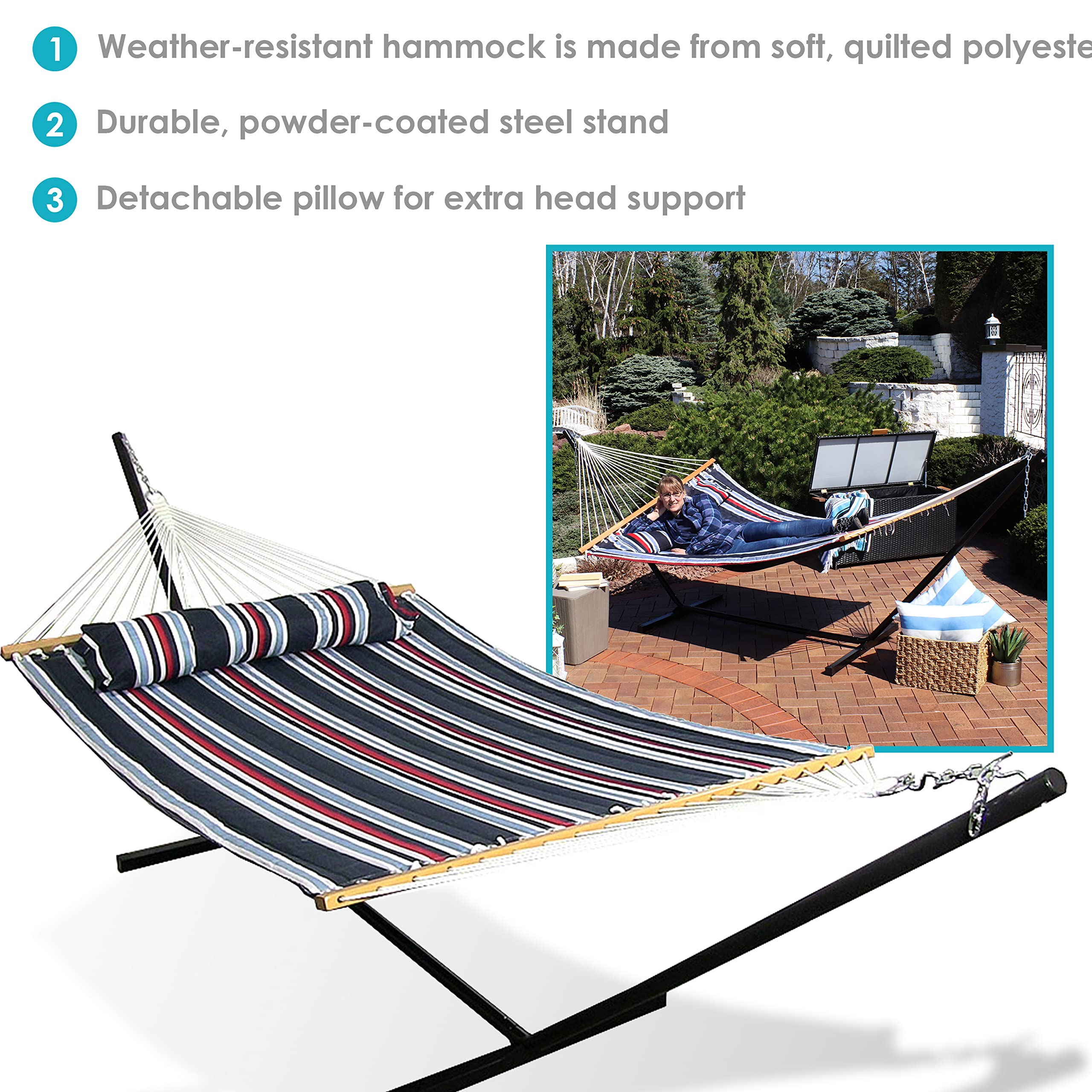 Sunnydaze Quilted Double Hammock with Stand for Outdoor Use - 350lb Capacity 2-Person Hammock with 12-Foot Steel Stand - Nautical Stripe Design - Perfect for Backyard, Patio, Beach & Camping Relaxation