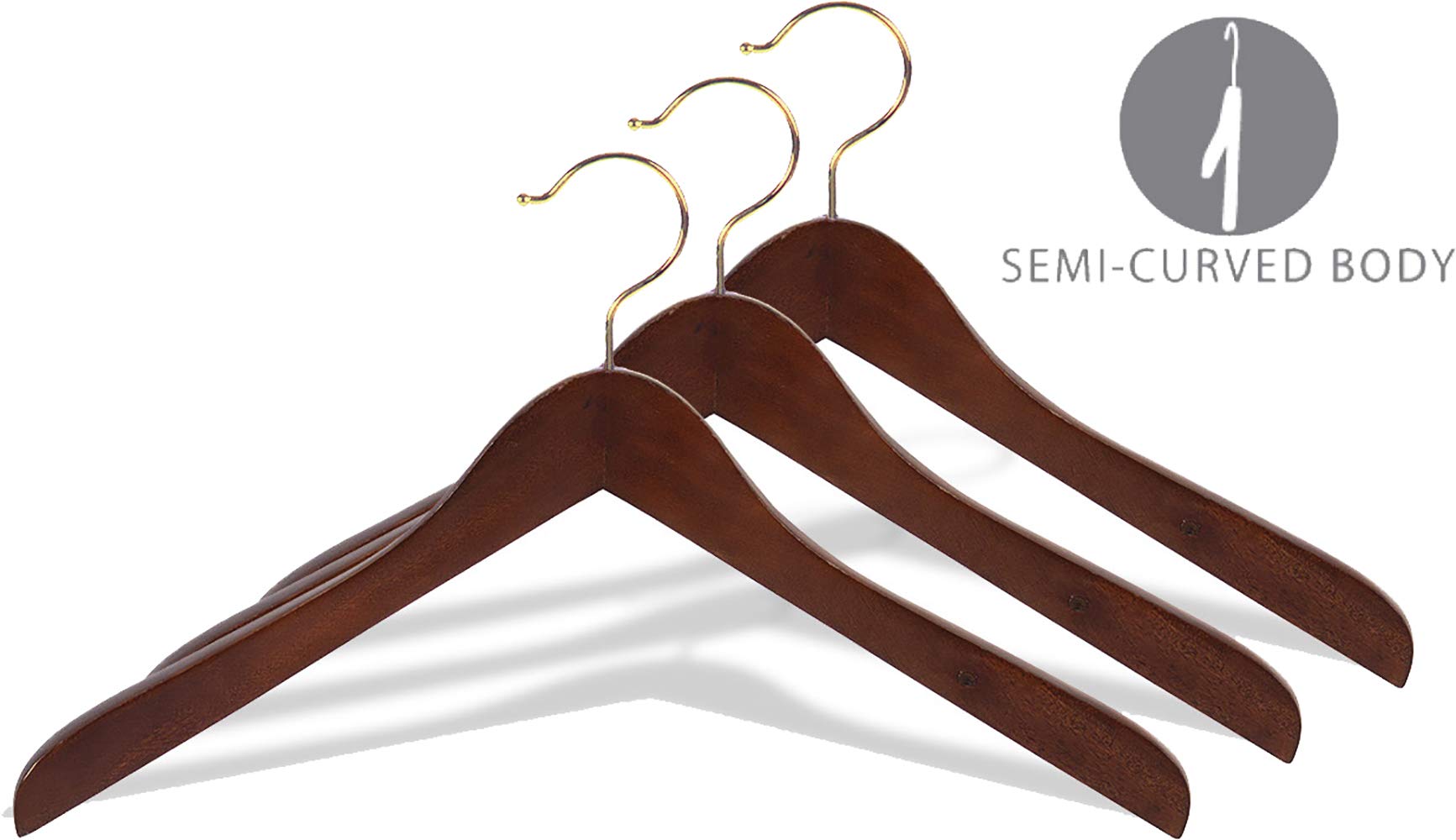 Premium Concave Wooden Clothes Hangers - Natural Walnut Finish, Thick Curved Design with Brass Swivel Hooks for Jackets, Coats & Dress Shirts (Set of 12) - Ideal for Closet Organization, Luxury Wardrobe & Upscale Retail Stores by The Great American Hanger Company