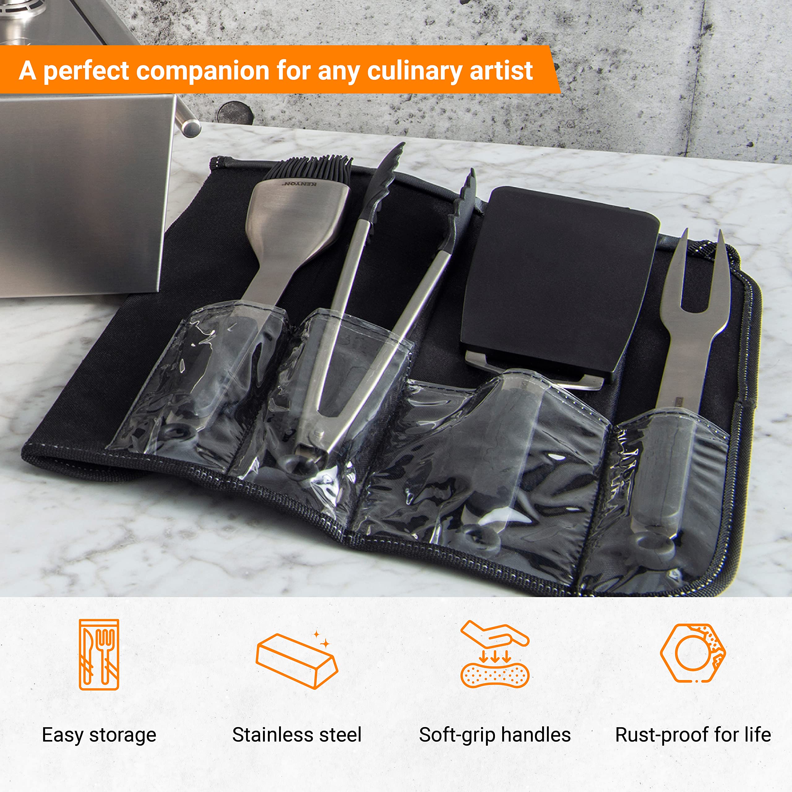 Premium Stainless Steel 4-Piece Grill Utensil Set - Grill Fork, Tongs, Spatula & Basting Brush with Removable Soft-Grip Handles & Smart Canvas Bag - Easy to Clean BBQ Tools for Outdoor Cooking, Backyard Grilling & Camping Trips