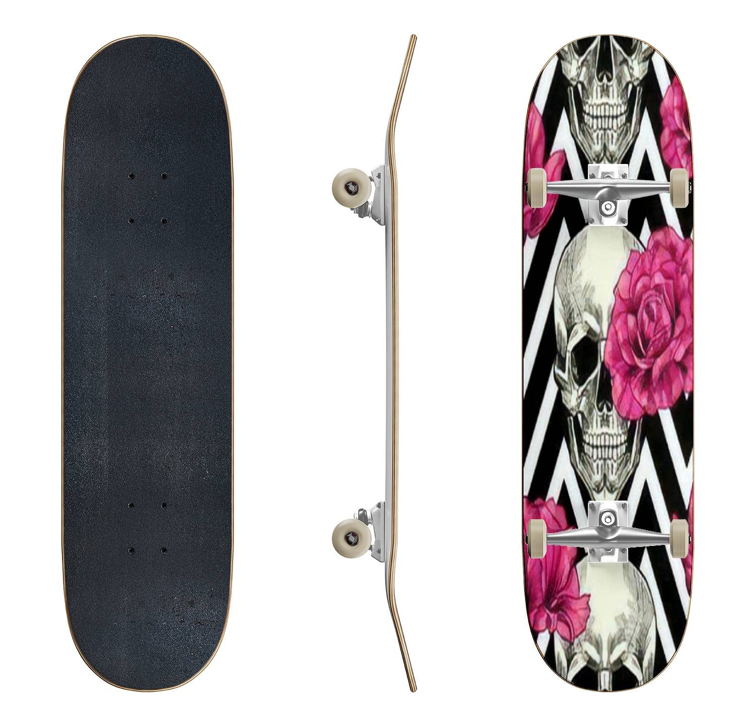 Skull & Pink Roses Geometric Skateboard - Classic Concave Longboard for Beginners & Pros | Extreme Sports Gear, Cool Teen Gifts | Perfect for Street Skating, Park Tricks & Commuting