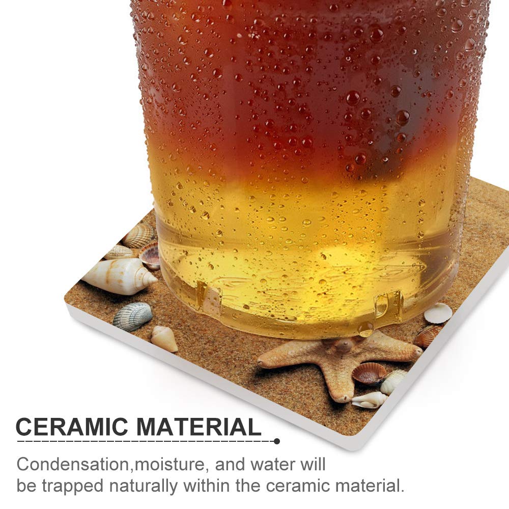 Premium Ceramic Drink Coasters Set of 4 - Square Cork-Bottomed Cup Holders with Beach Seashell Design for Wine, Beer & Cold Beverages - Perfect for Home Decor, Bar Protection & Coastal-Themed Parties