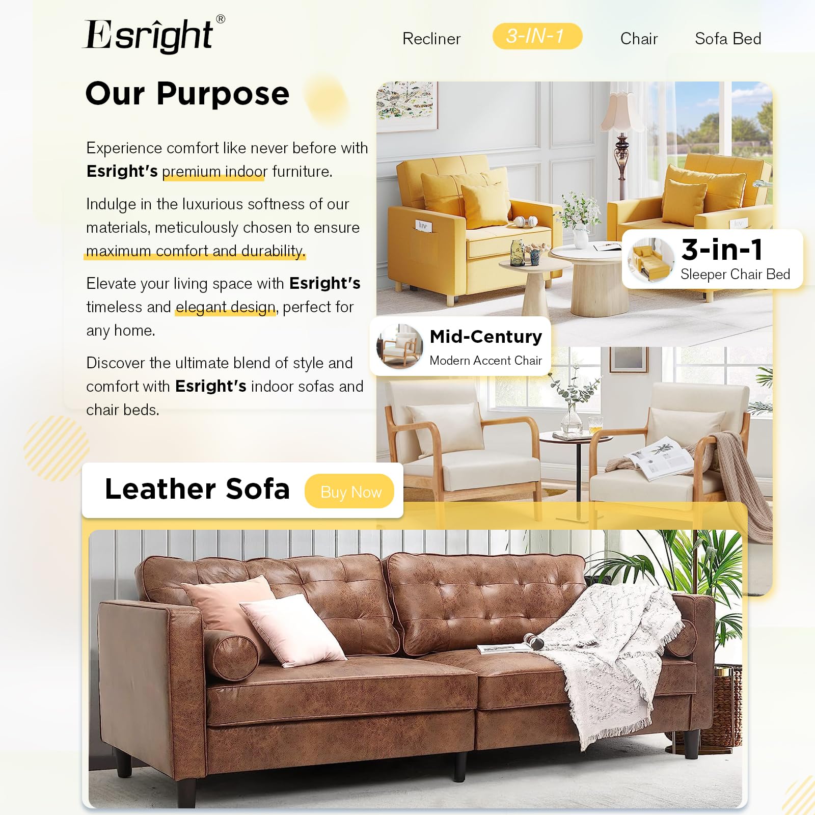Esright 3-in-1 Convertible Sleeper Chair with Adjustable Backrest - Memory Foam Pull Out Sofa Bed with 2 Pillows & Side Pocket - Space Saving Armchair for Small Apartments, Office, Guest Room (Yellow) - Perfect for Lounging, Napping & Extra Sleeping Space