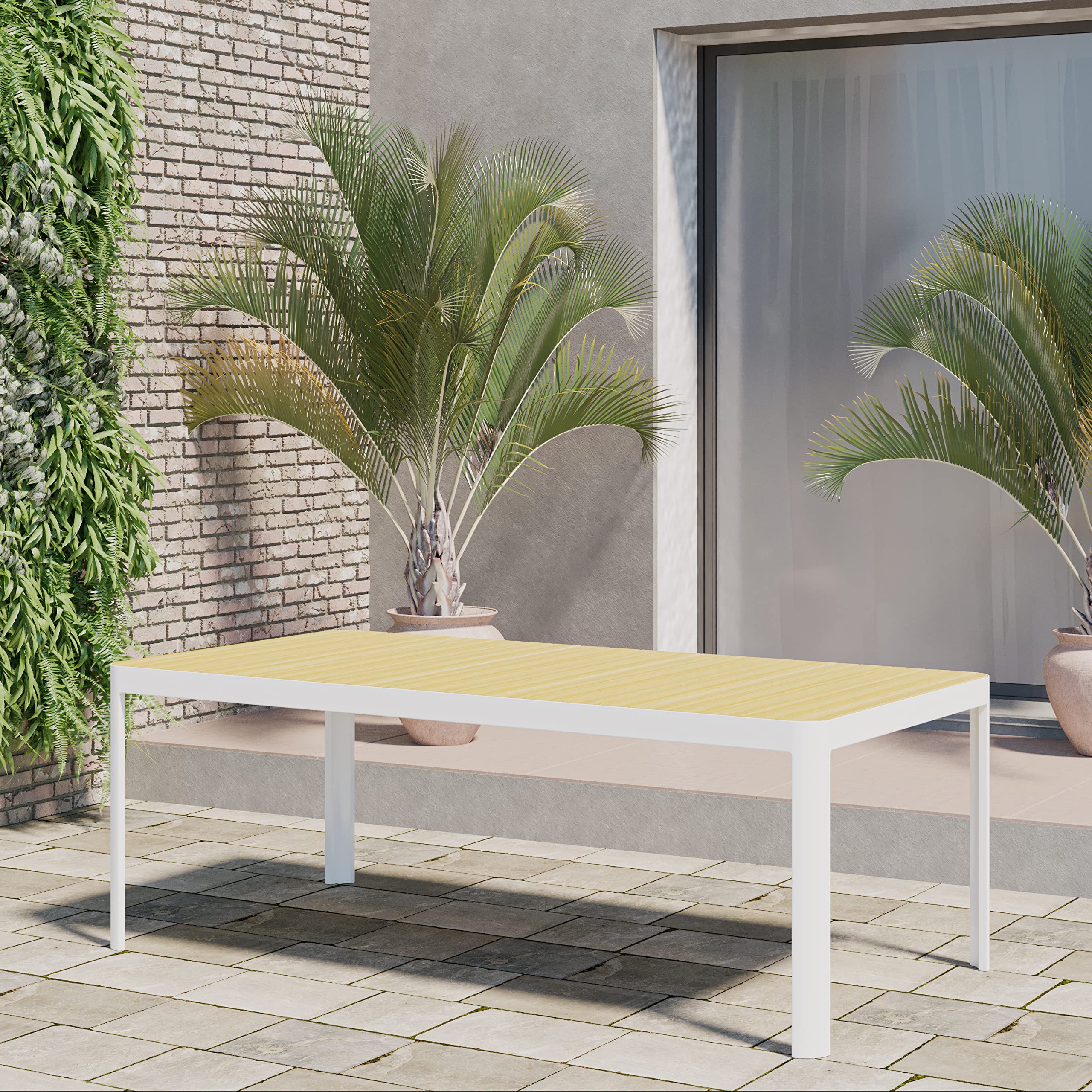 Premium 7-Piece Eucalyptus Outdoor Dining Set with Teak Finish - White Rectangular Patio Table & Chairs for Backyard, Garden & Poolside Entertaining