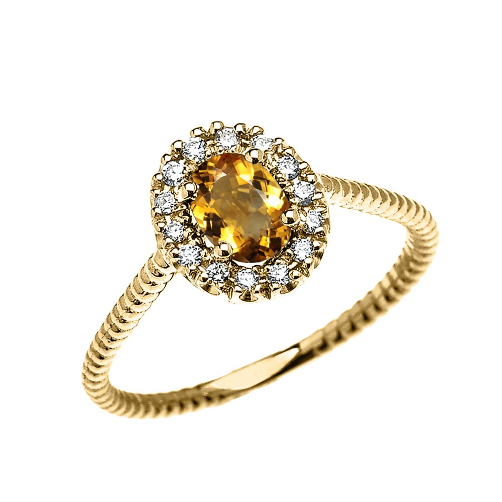 14K Yellow Gold Dainty Oval Halo Diamond & Citrine Solitaire Rope Design Engagement Ring - Perfect for Proposals, Anniversaries & Special Occasions