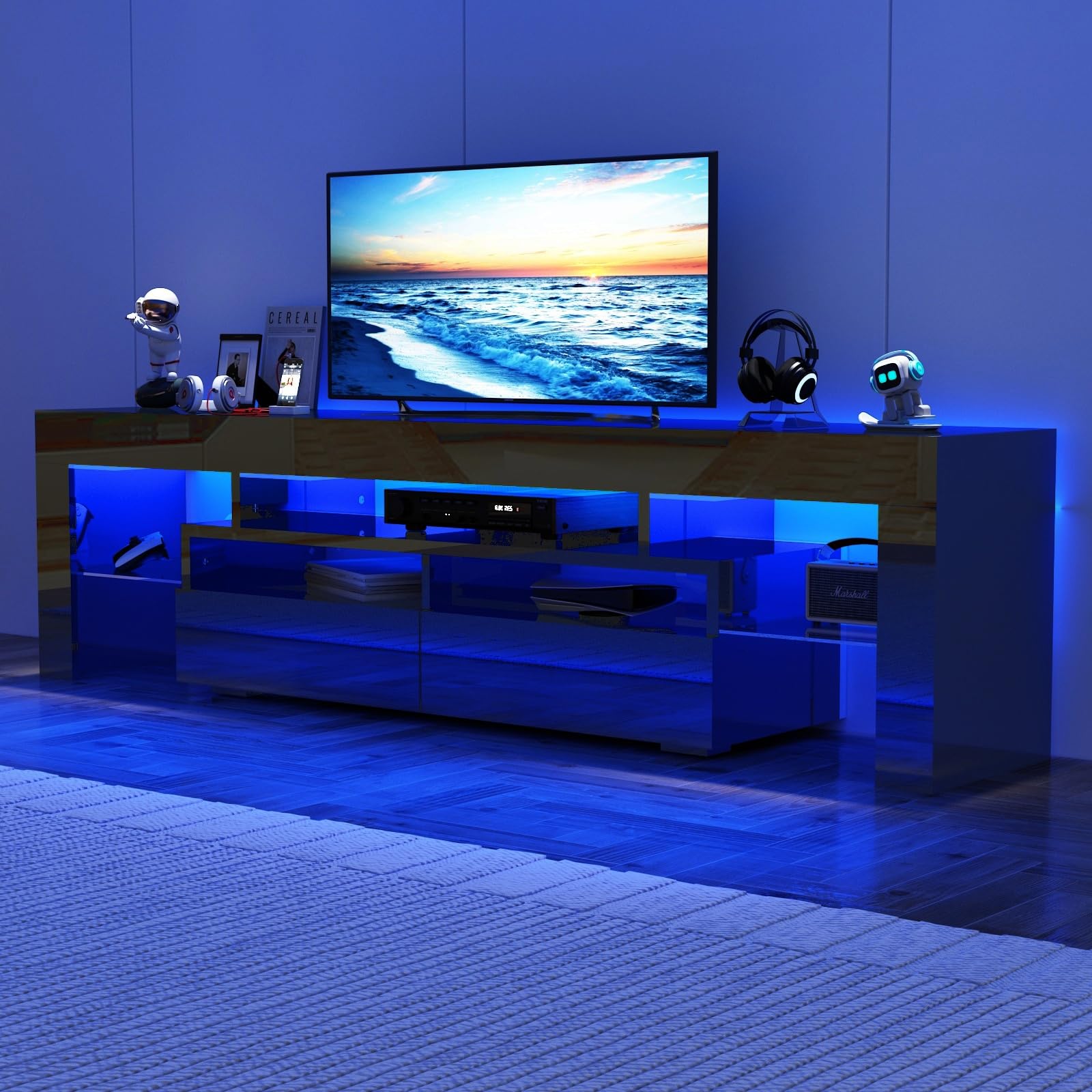 St.Mandyu 65/75/85 Inch LED TV Stand - Modern High Glossy Entertainment Center with Drawer & LED Lights - TV Media Console for Living Room, Game Room & Bedroom - Perfect for Movie Nights & Gaming Setup (Black)