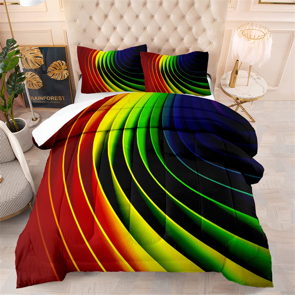 Vibrant Tie Dye Bedding Set King Size - Abstract Rainbow Psychedelic Comforter with 2 Pillowcases | Soft & Breathable Cotton Quilt Set for Bohemian & Hippie Style Bedrooms