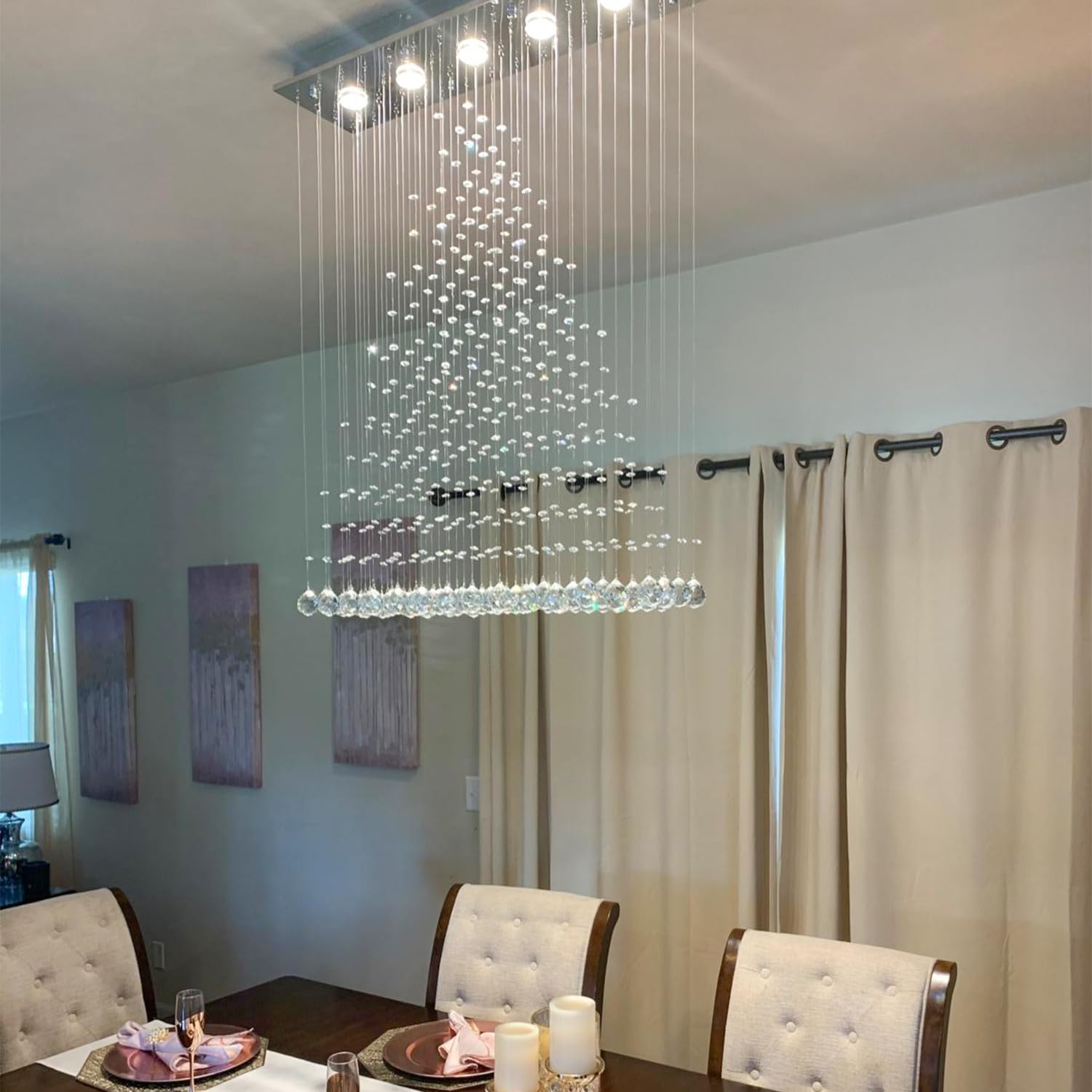 Modern Crystal Rain Drop Chandelier - LED Flush Mount Ceiling Light Fixture for Bathroom, Living Room, Dining Room, Foyer, Bedroom & Hallway - 32