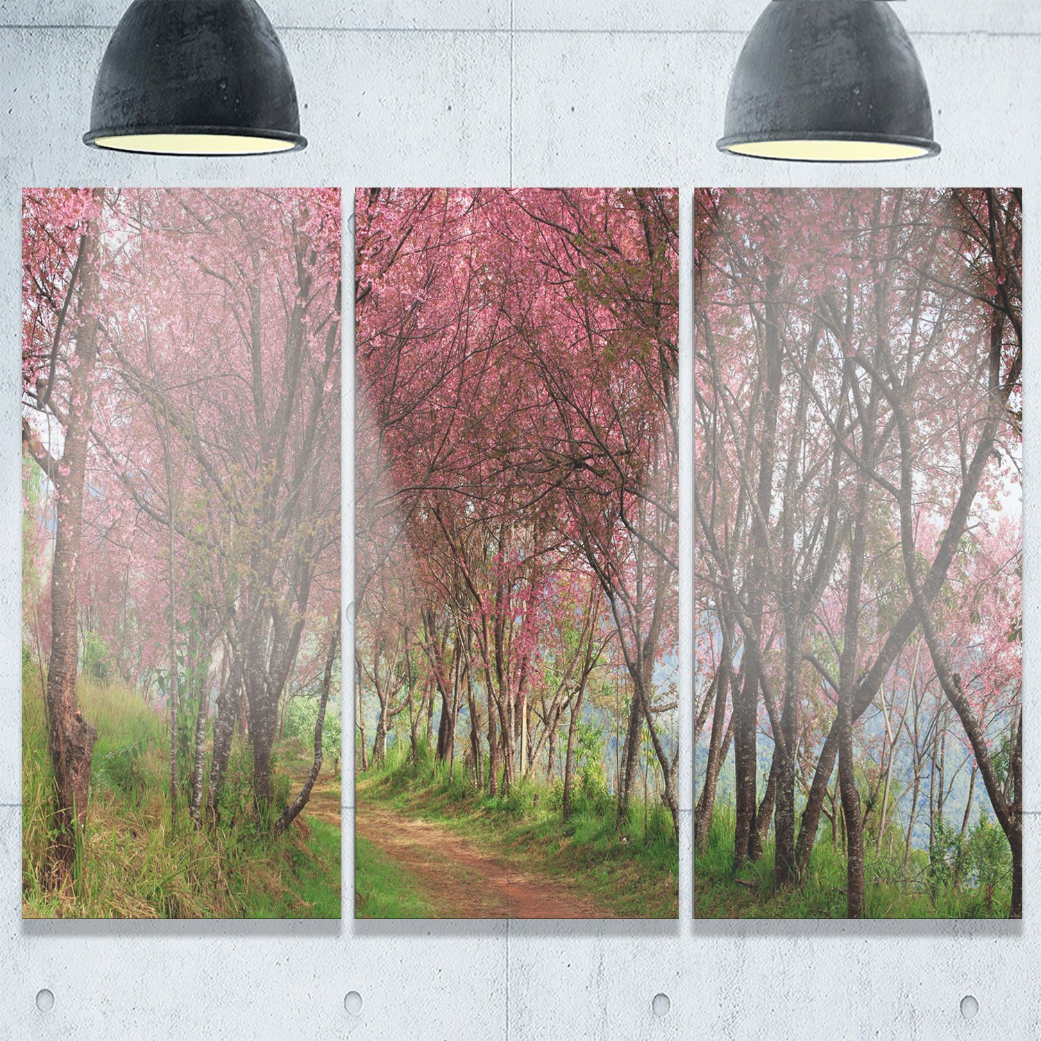 Designart MT10245-3P Sakura Pink Flowers Thailand Landscape Metal Wall Art Set - 3 Panels (28x36x1 Inch Each) - Blue & Pink Floral Decor for Living Room, Bedroom, Office