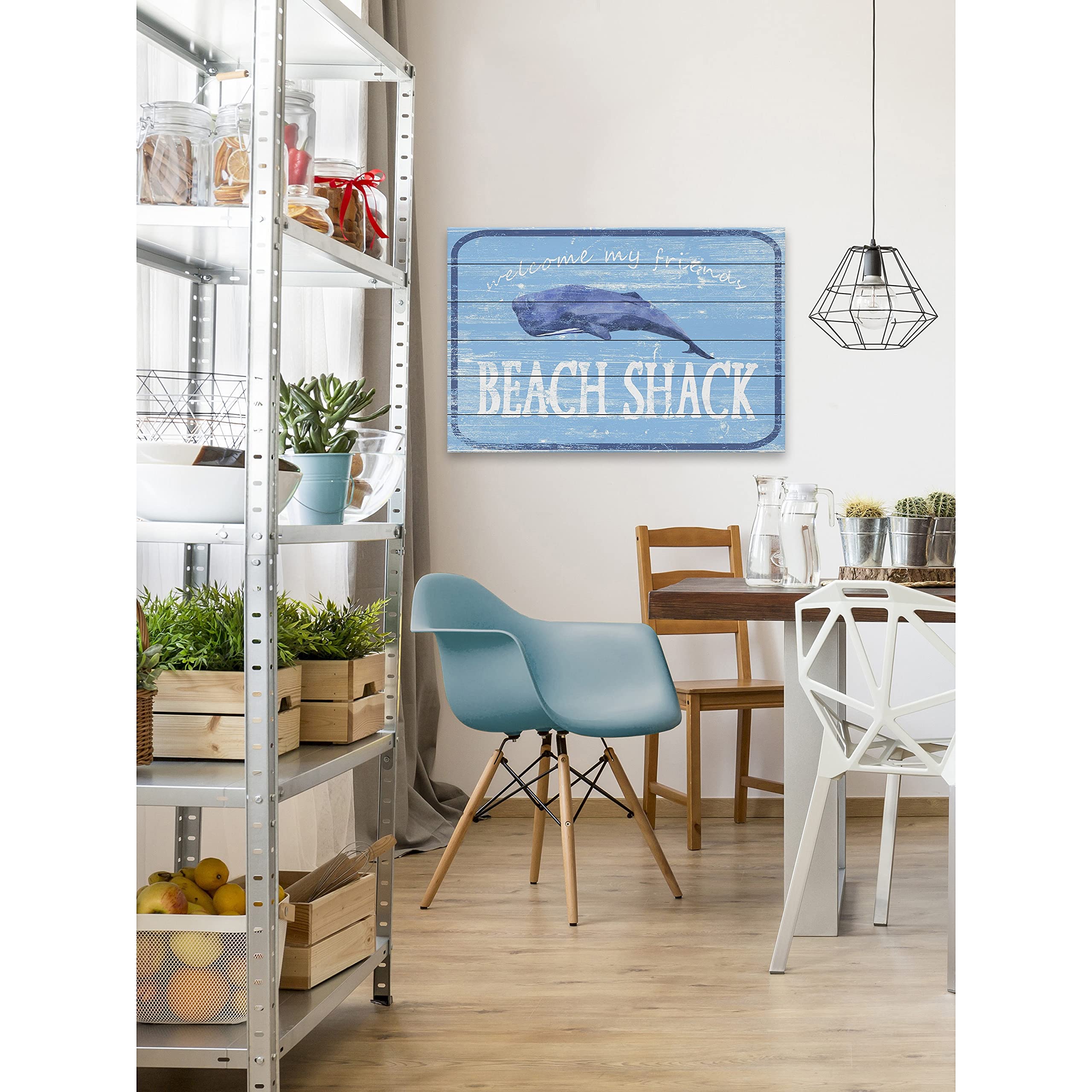Handmade Beach Shack Painting Print on White Wood - 24x16 Inch Coastal Wall Art Decor for Living Room, Bedroom & Beach House