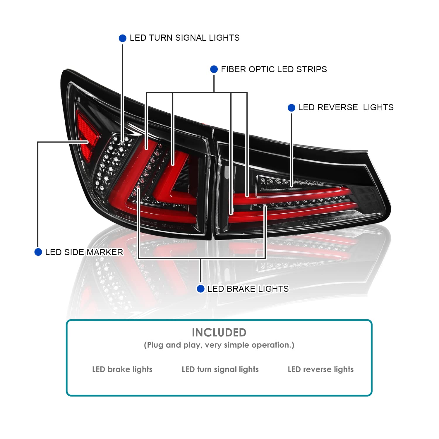 Spec-D Tuning Jet Black Housing Red LED Bar Tail Lights for 2006-2008 Lexus IS250 IS350 - Left & Right Pair Assembly - Upgrade Your Car's Rear Style & Visibility for Night Driving