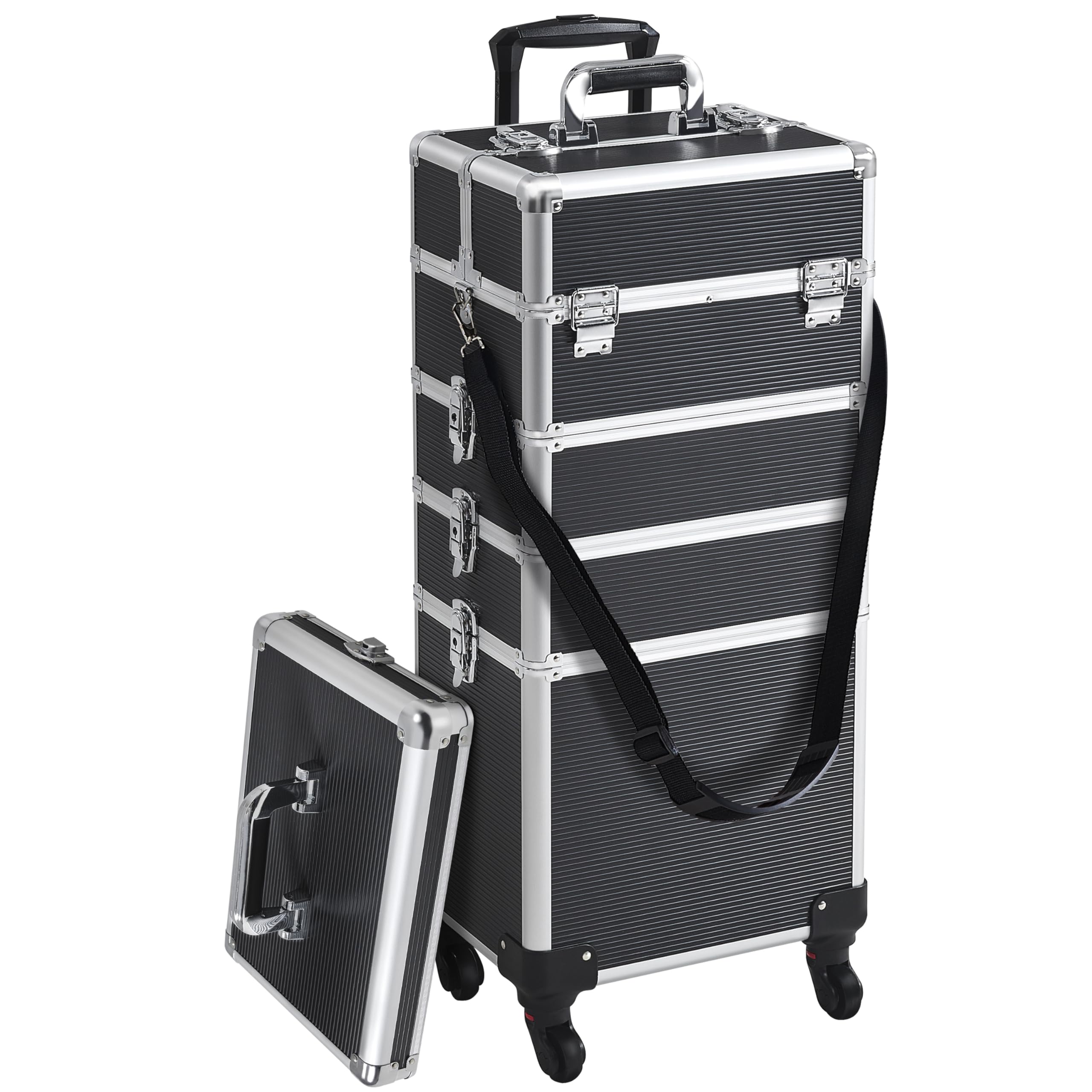 Yaheetech 5-in-1 Professional Makeup Train Case - Rolling Cosmetic Organizer with Wheels, Aluminum Beauty Travel Storage Case for Salon & Home Use (Black) | Perfect for Makeup Artists, Cosmetologists & Travel Beauty Essentials