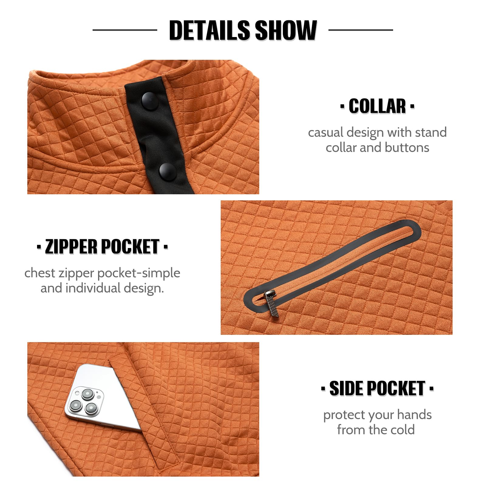 Men's Casual Long Sleeve Waffle Knit Pullover Sweatshirt with Stand Collar & Button Pocket - Cozy Winter Layering & Outdoor Activities