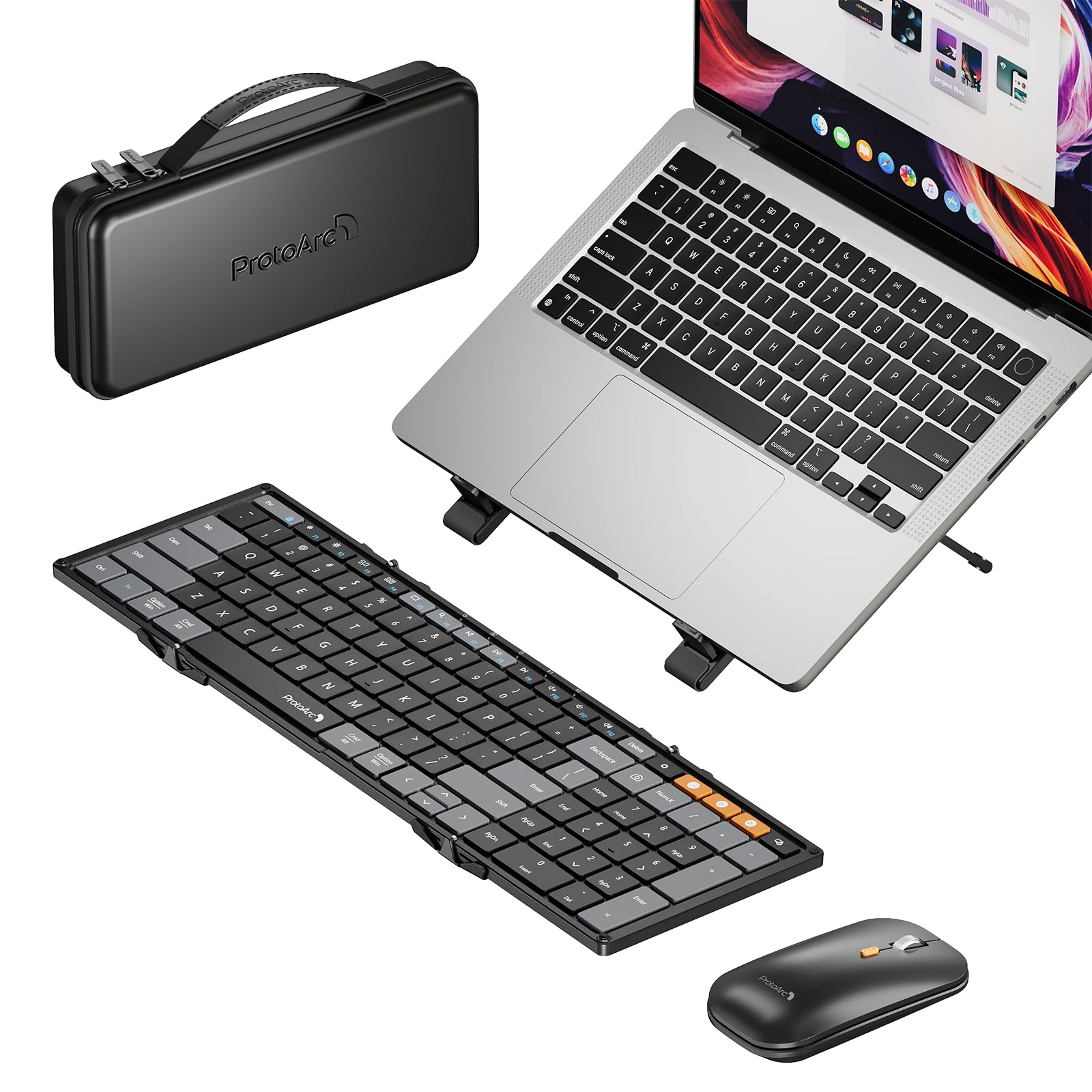 ProtoArc XKM01 Foldable Bluetooth Keyboard & Mouse Combo with Laptop Stand - Portable Wireless Keyboard for MacBook, Windows PC, Mac OS - Perfect for Travel, Office & Remote Work