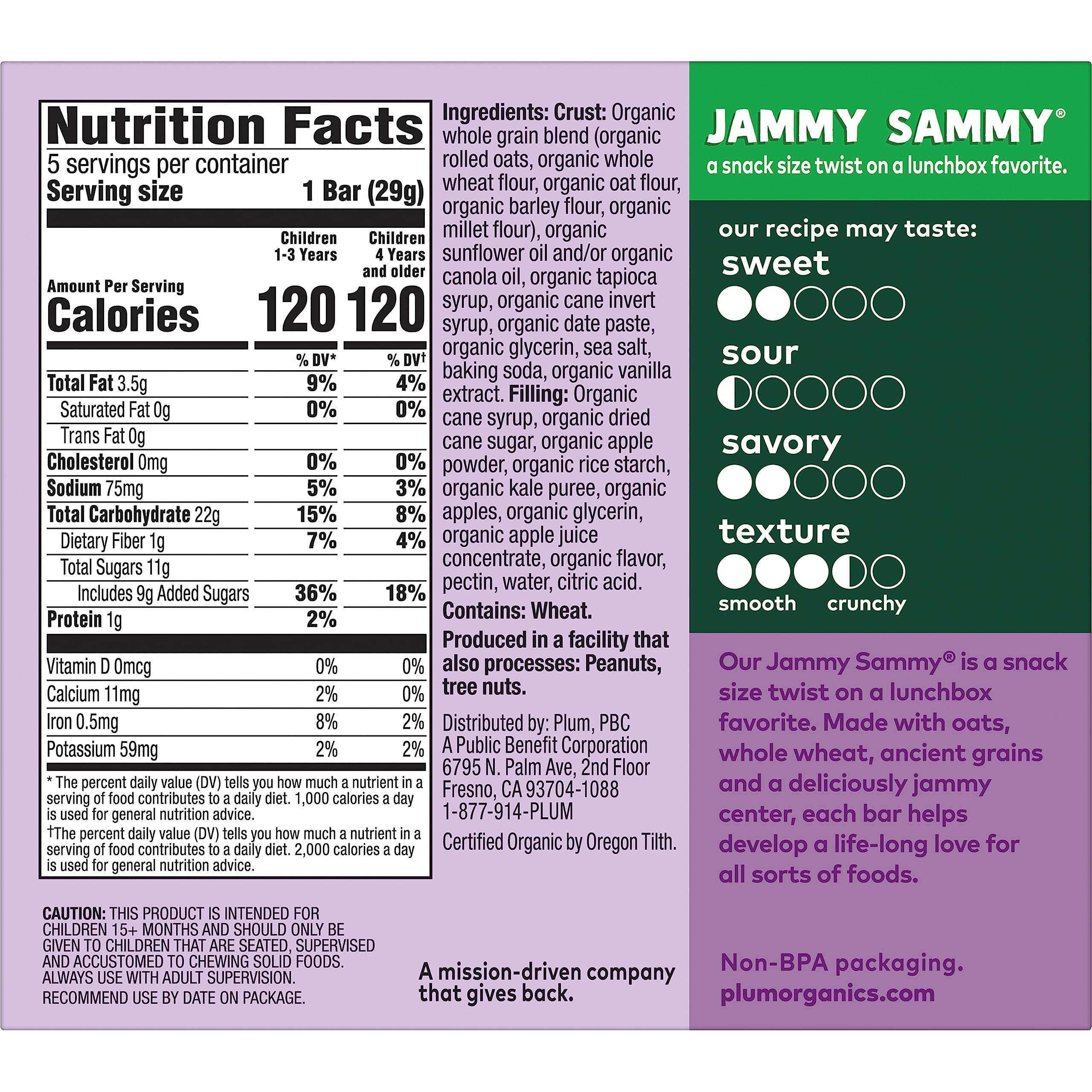 Organic Toddler Snack Bars - Plum Jammy Sammy Apple Kale Oatmeal - Pack of 30 for On-the-Go