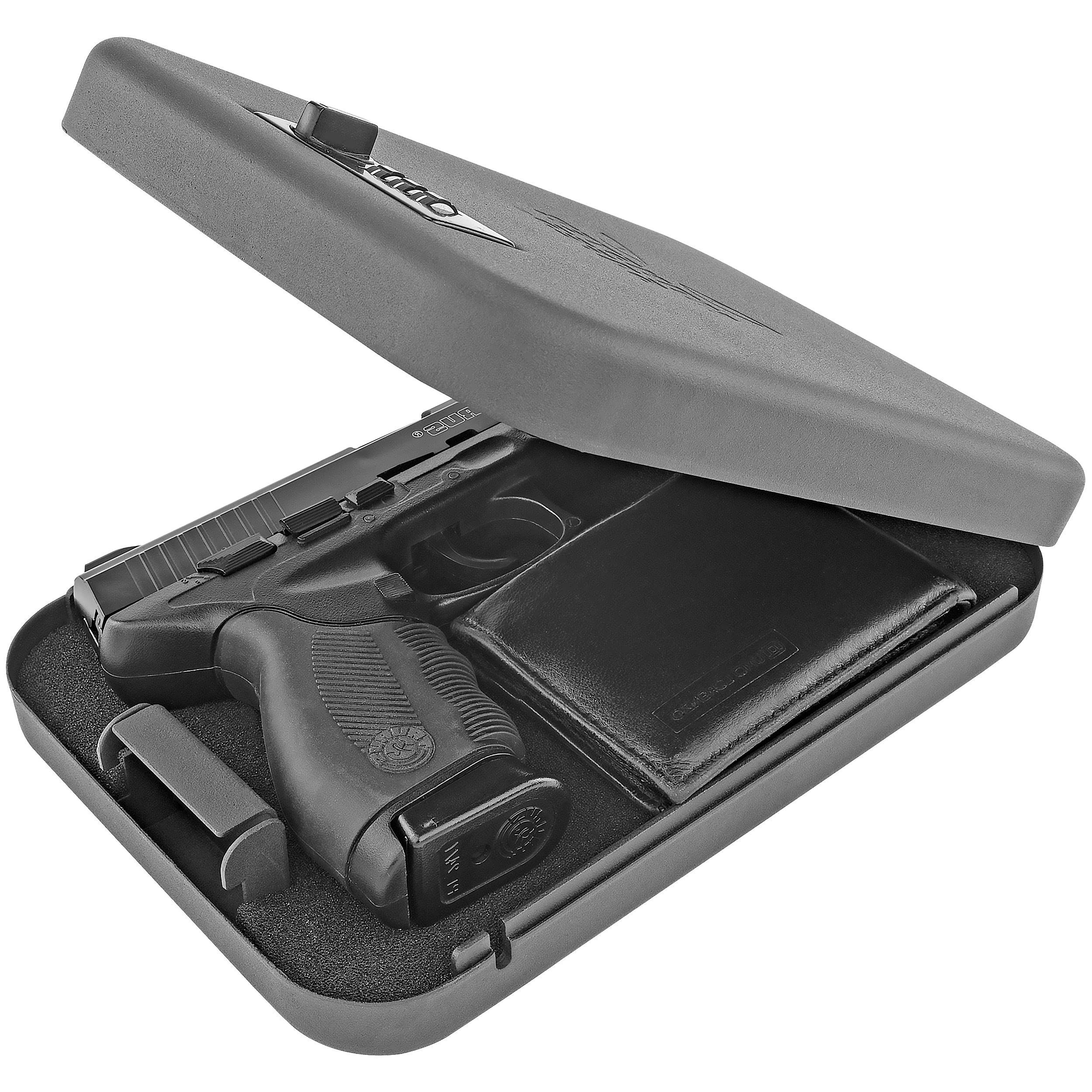 Biometric & Keypad Handgun Safe for Home & Travel - Quick Access Pistol Safe with LED Light for Bedside, Car, and Office Security