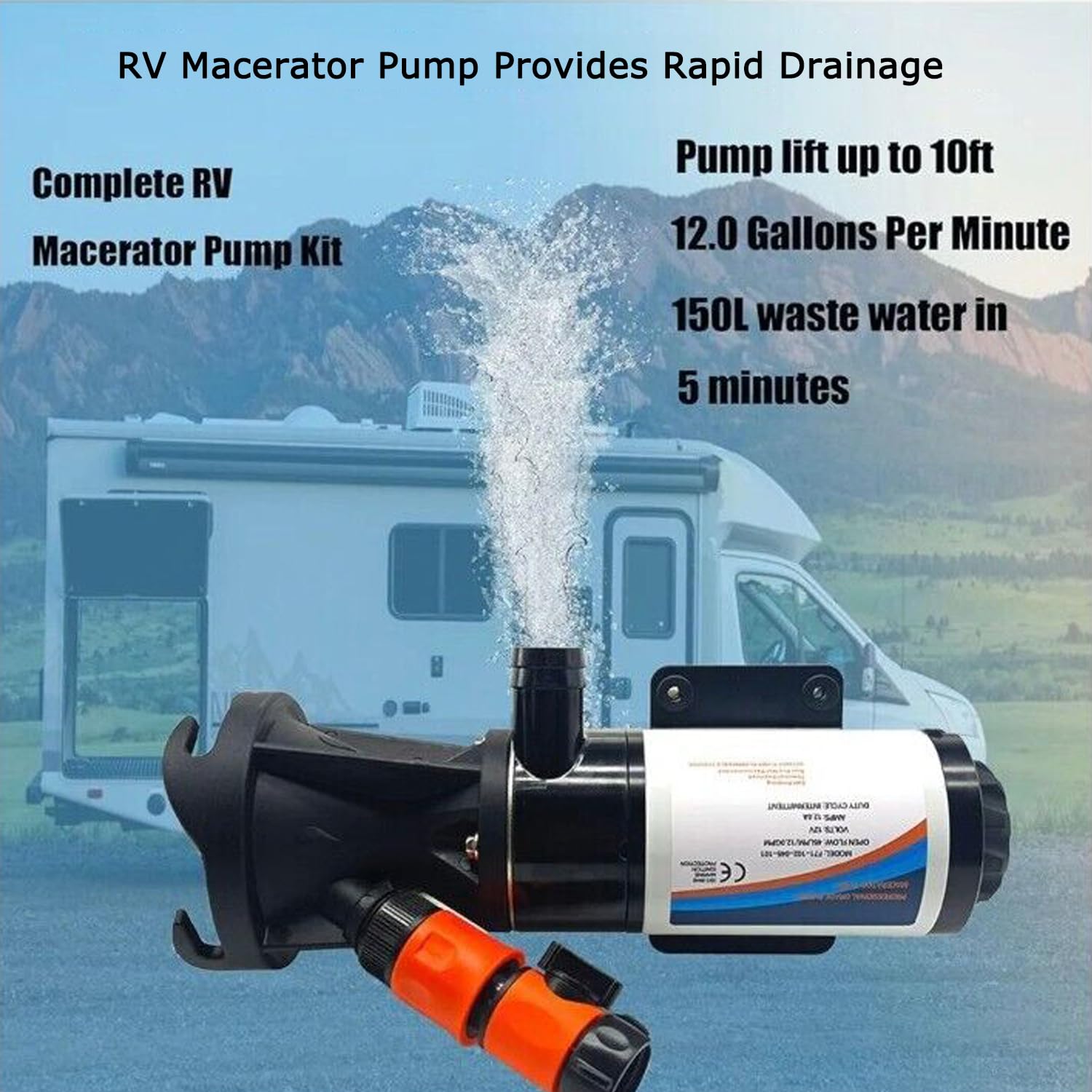 12V RV Macerator Pump - Self Priming Sewage Grinder Pump with 3-Inch Water Inlet & Quick Release - 45L DC Waste Water Pump for RV, Camper, Boat - Perfect for Off-Grid Living and Remote Camping