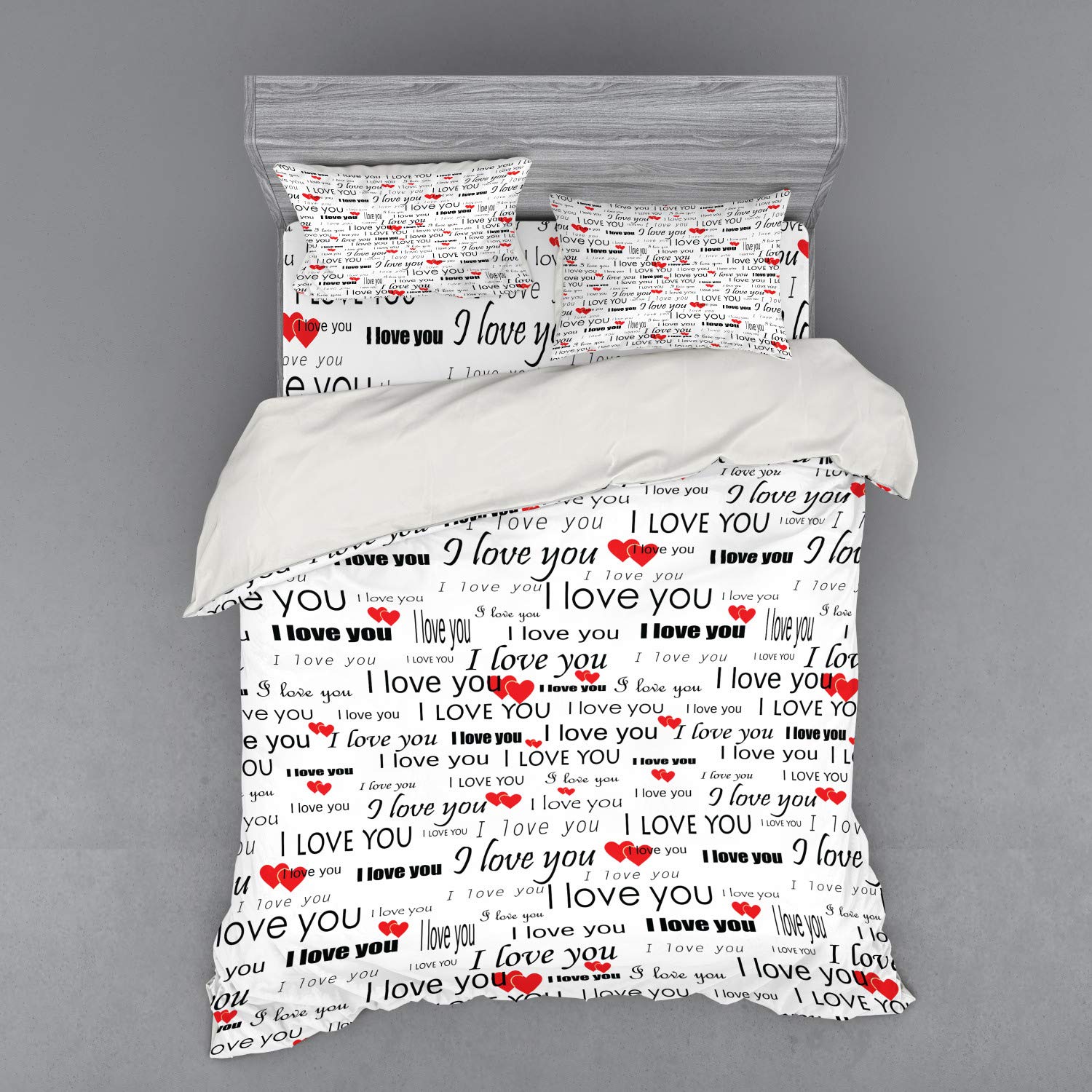 Ambesonne Romantic Duvet Cover Set - 'I Love You' Hearts Design for Couples, Valentine's Day Gift, 4-Piece Bedding Set with Shams & Fitted Sheet, California King Size, Vermilion Black White - Perfect for Romantic Bedrooms, Anniversary Gifts & Wedding Decor