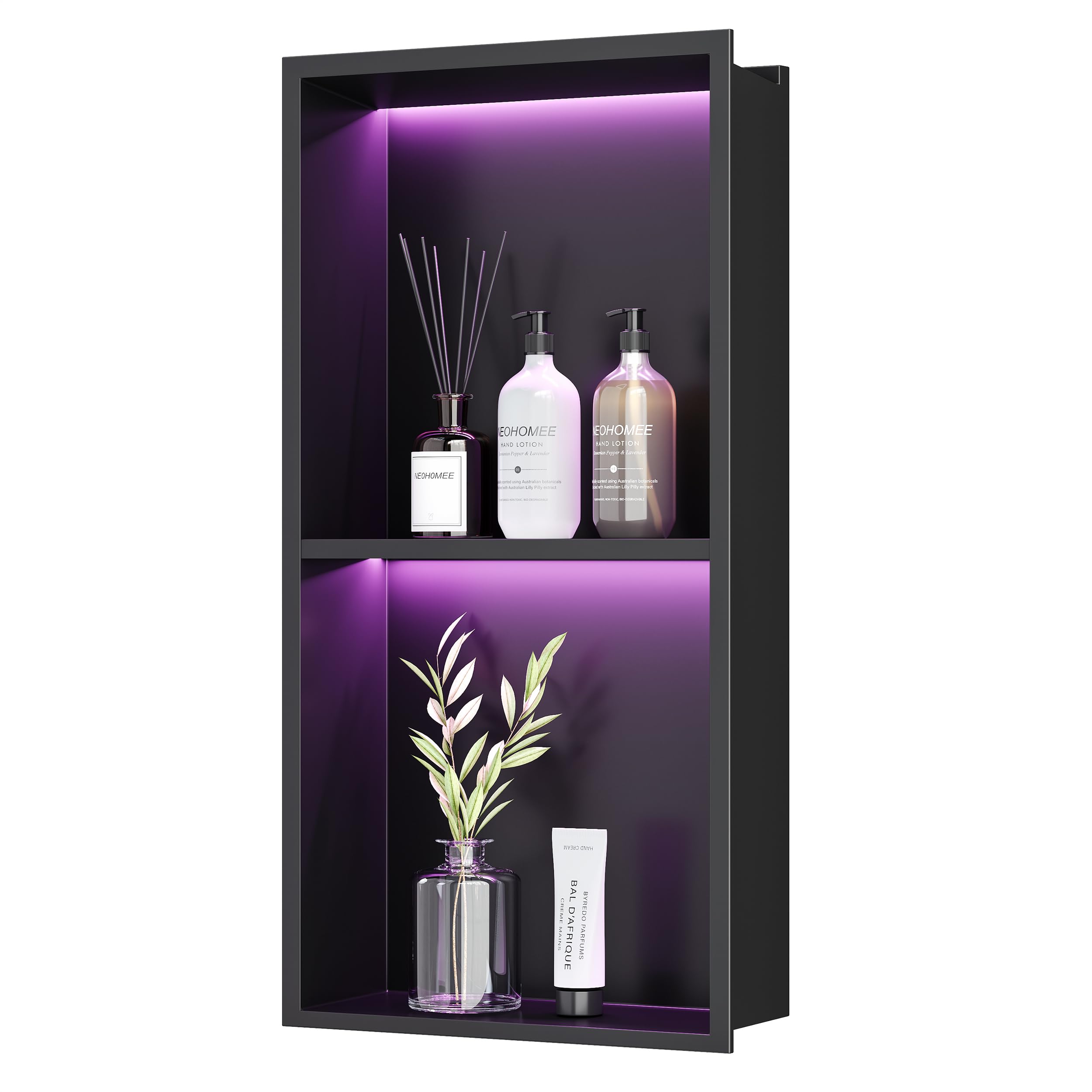 2-Tier 12x24 Inch Wall Niche with RGB LED Light Strips - Matte Black Waterproof Shower Storage Cabinet - Stainless Steel Bathroom Shelf Organizer - No Tile Needed Recessed Niche for Shampoo, Soap & Towel Storage - Perfect for Modern Bathroom & Spa Decor