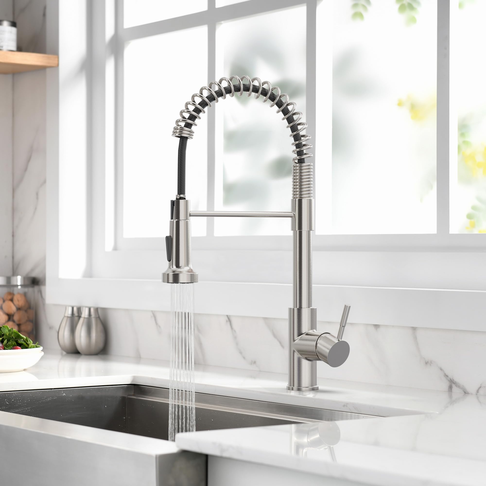 GIMILI High Arc Pull Out Sprayer Kitchen Faucet - Single Handle Brushed Nickel Modern RV Stainless Steel Sink Faucet for Home, RV, and Small Spaces
