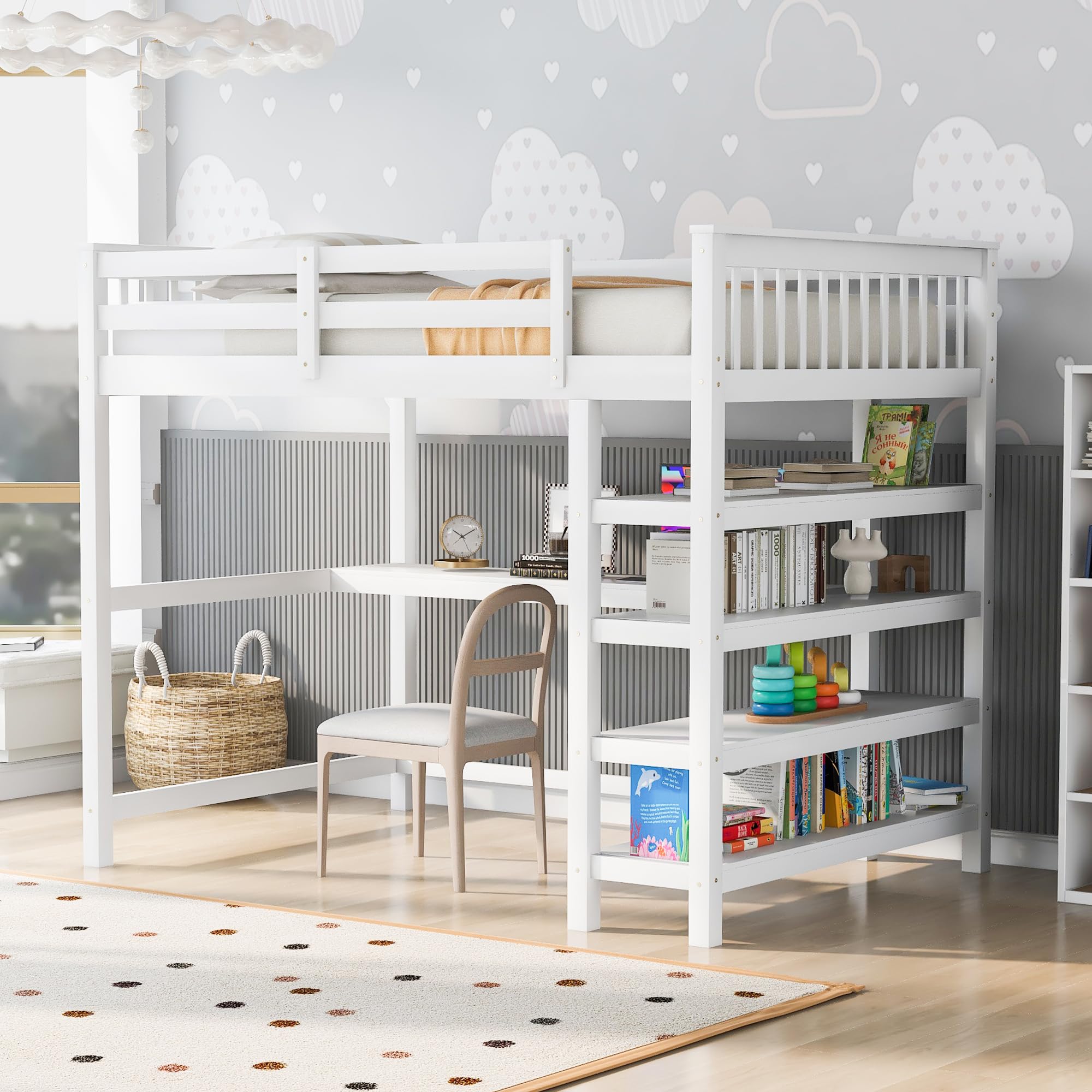 Merax Full Size Wood Loft Bed with Built-in Desk & 4 Storage Shelves - Solid White Wooden Bunk Bed for Teens & Small Spaces - Perfect for Dorm Rooms, Apartments & Kids' Bedrooms