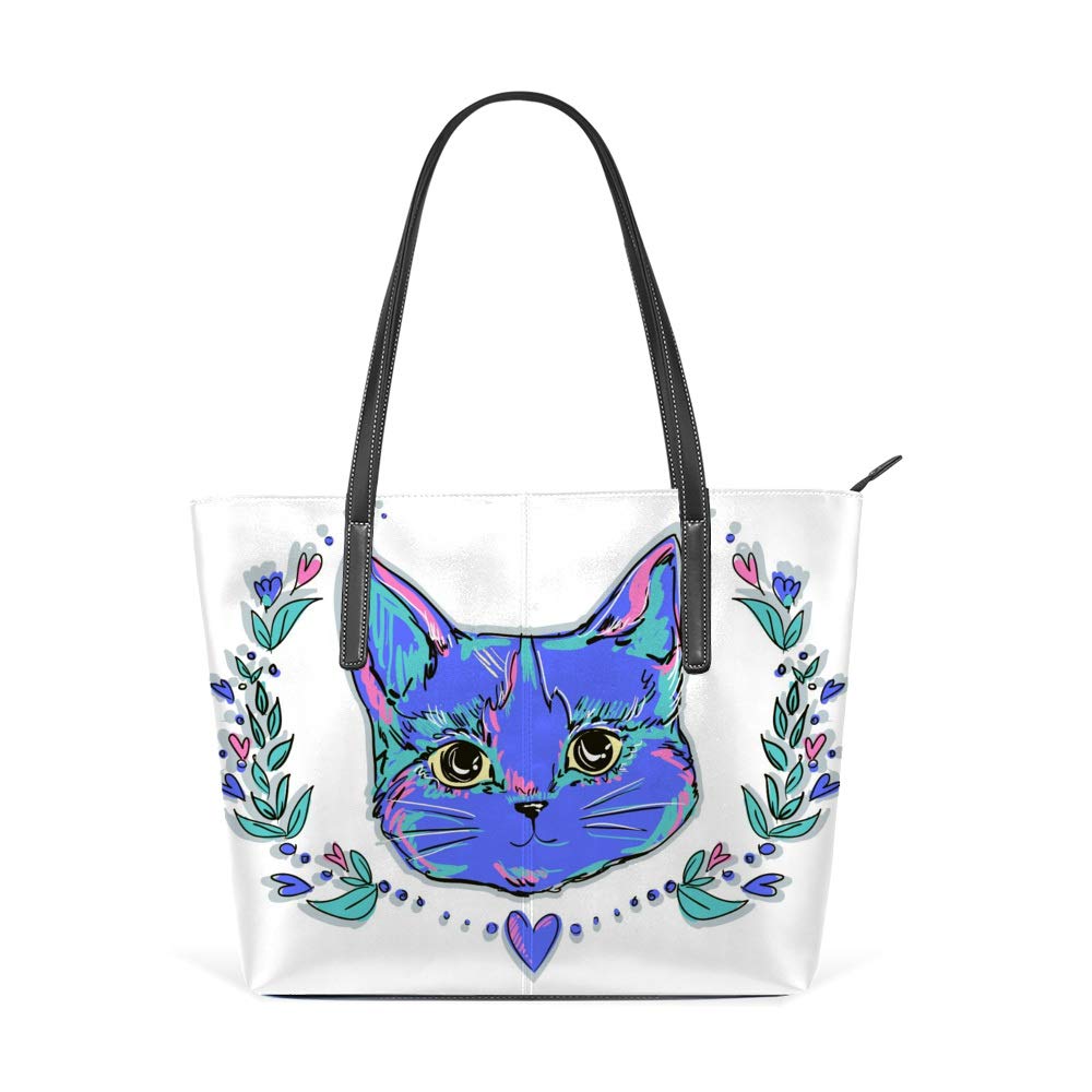 Stylish Large PU Leather Tote Bag for Women - Fashionable Cat & Floral Print Handbag - Perfect for Work, Shopping & Casual Outings