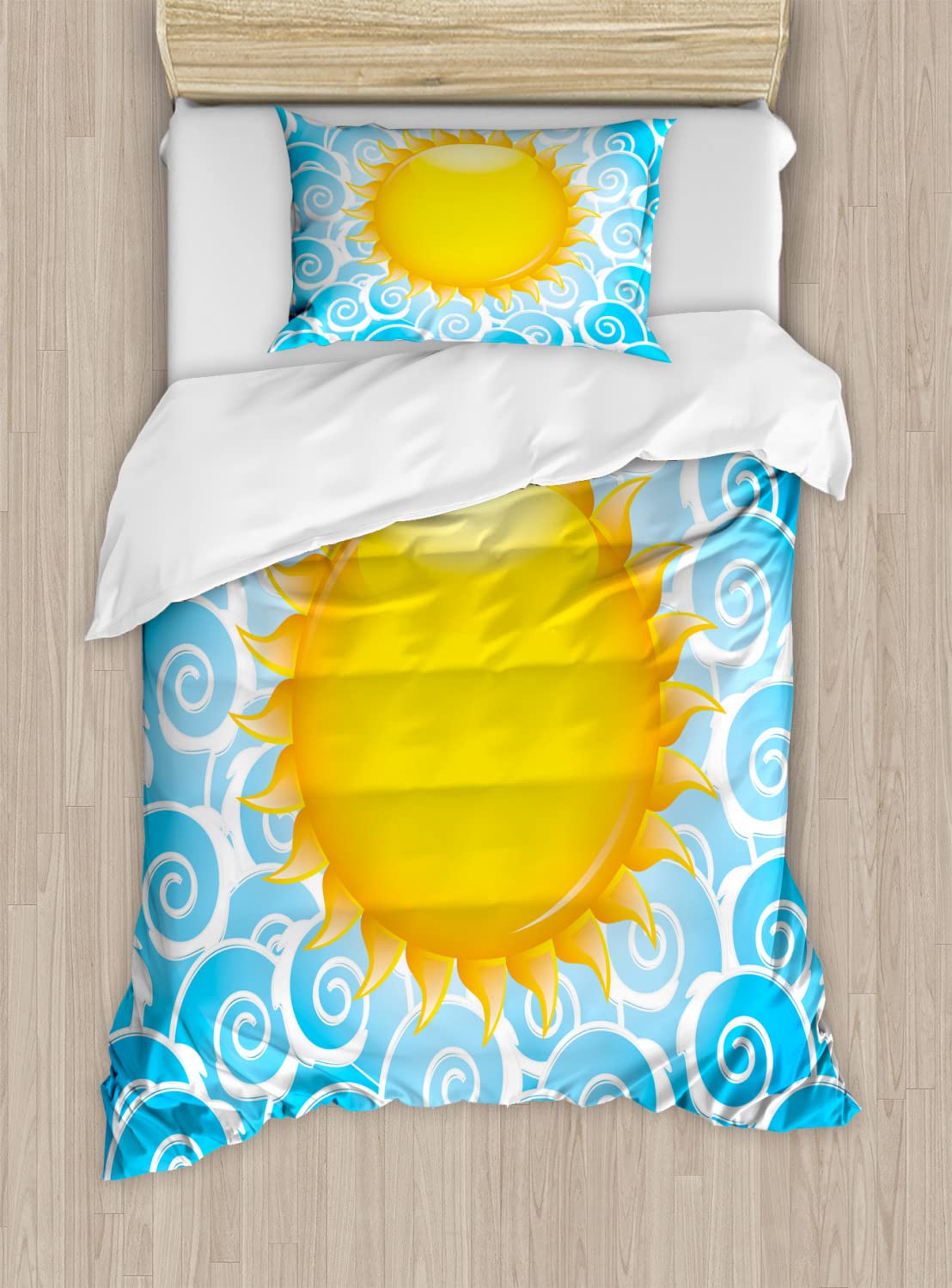 Ambesonne Summer Duvet Cover Set - Vibrant Sun & Ocean Wave Design, Twin Size 2-Piece Set with 2 Pillowcases | Vacation & Beach Themed Bedding for Guest Rooms, Coastal Homes & Summer Retreats