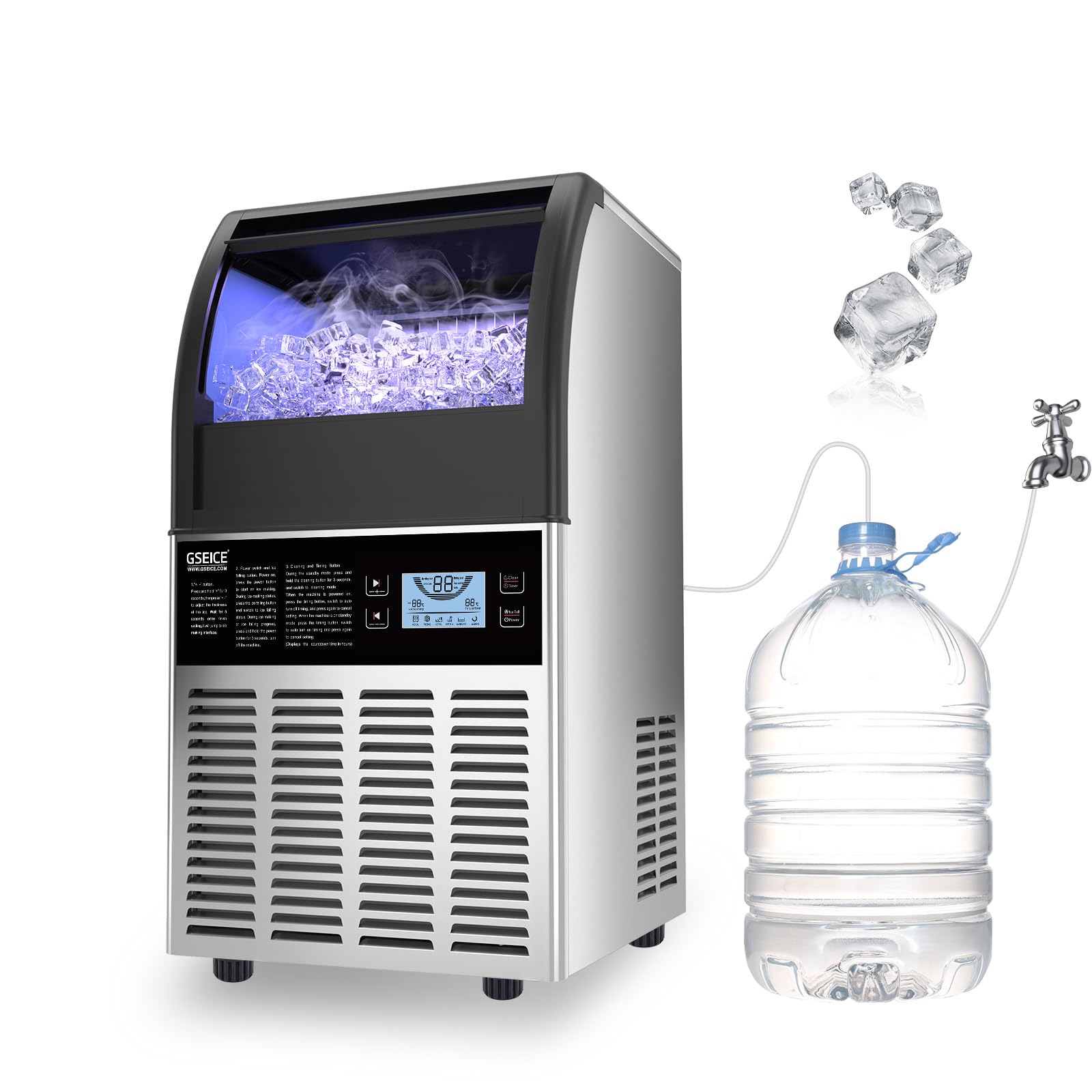 Commercial Ice Maker Machine - 90lbs Stainless Steel Countertop Ice Maker with 30lbs Storage, Freestanding Ice Machine for Restaurants, Bars, Home, RV & Outdoor Use