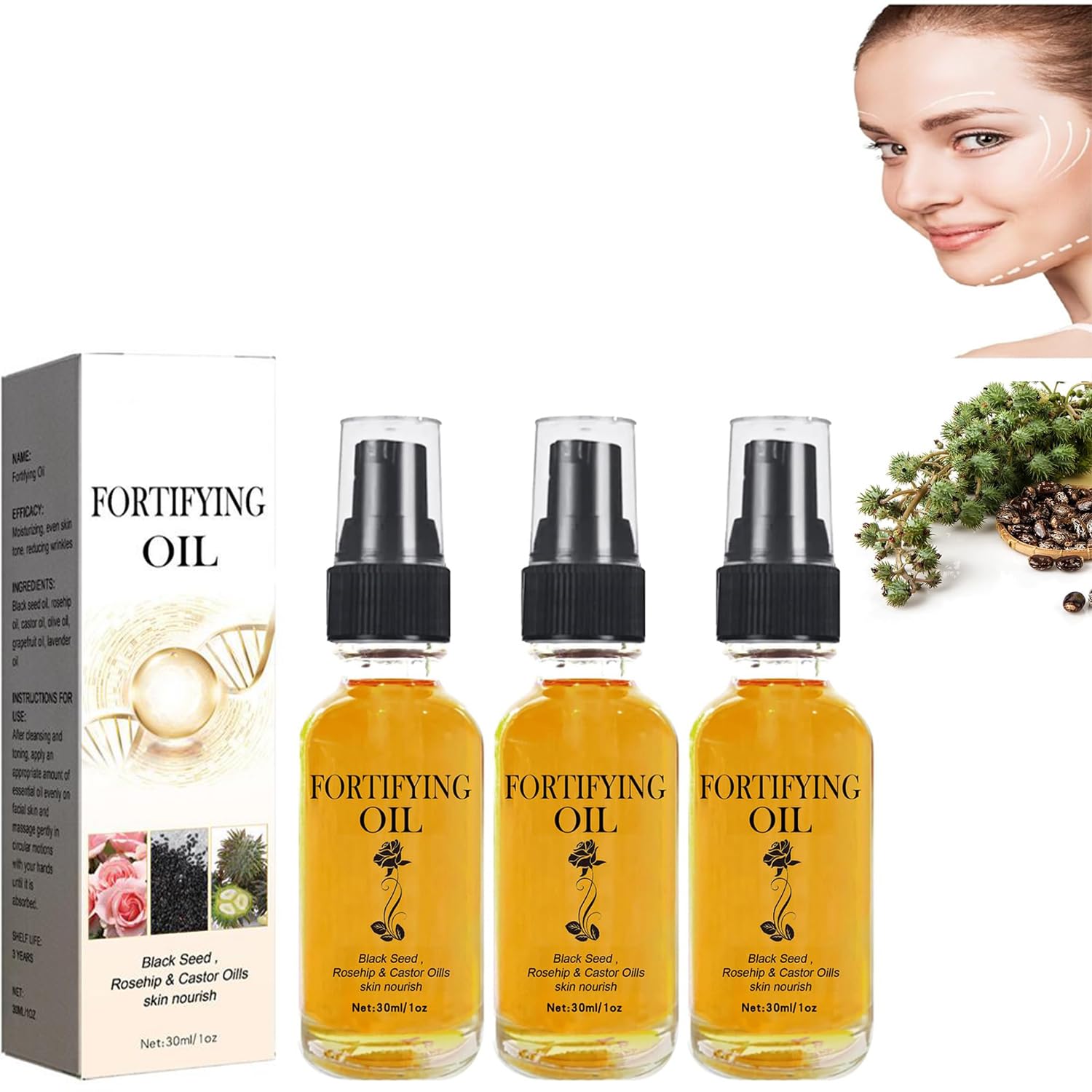 3PCS Organic Castor Oil, Black Seed Oil & Rosehip Oil Face Serum – Lilinas & Lalena Anti-Aging Collagen Boost Serum for Hydration & Wrinkle Reduction | Perfect for Night Routine, Dry Skin Care & Facial Massage