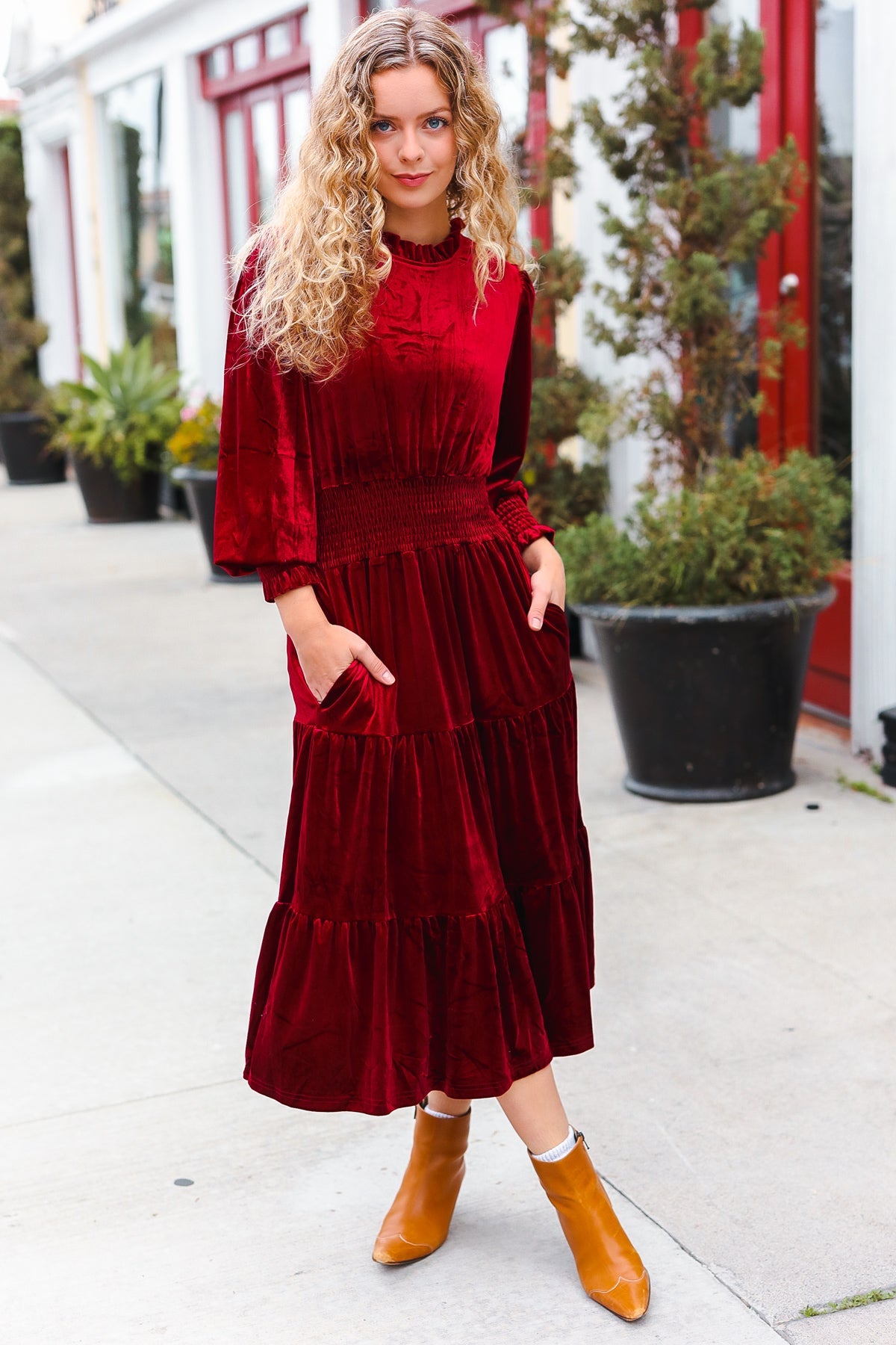 Burgundy Velvet Mock Neck Smocked Waist Dress for Women - Elegant Holiday Party & Christmas Dinner Outfit