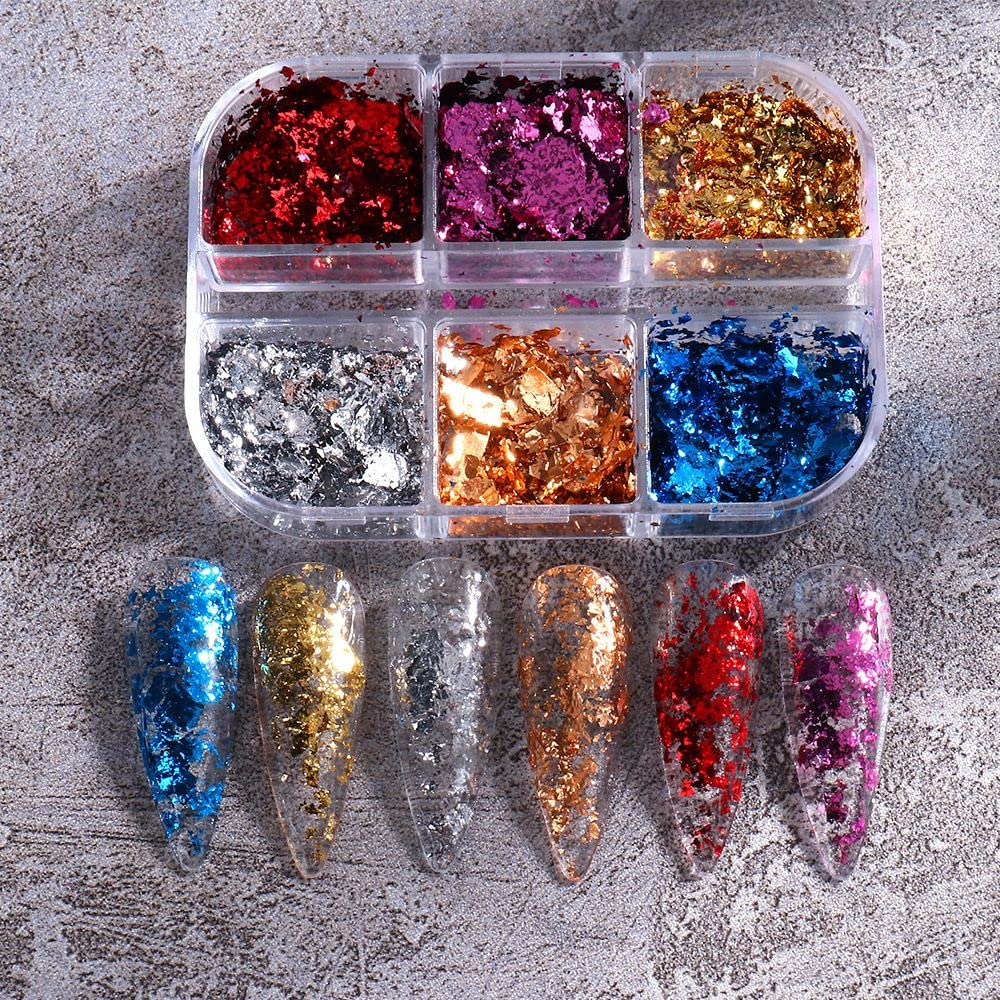 6 Grids DIY Manicure Irregular Mirror Sparkly Nail Sequins & Foils - Luxury Nail Glitter Flakes for Acrylic Nails, Gel Polish, Nail Art Designs & Home Salon Decor