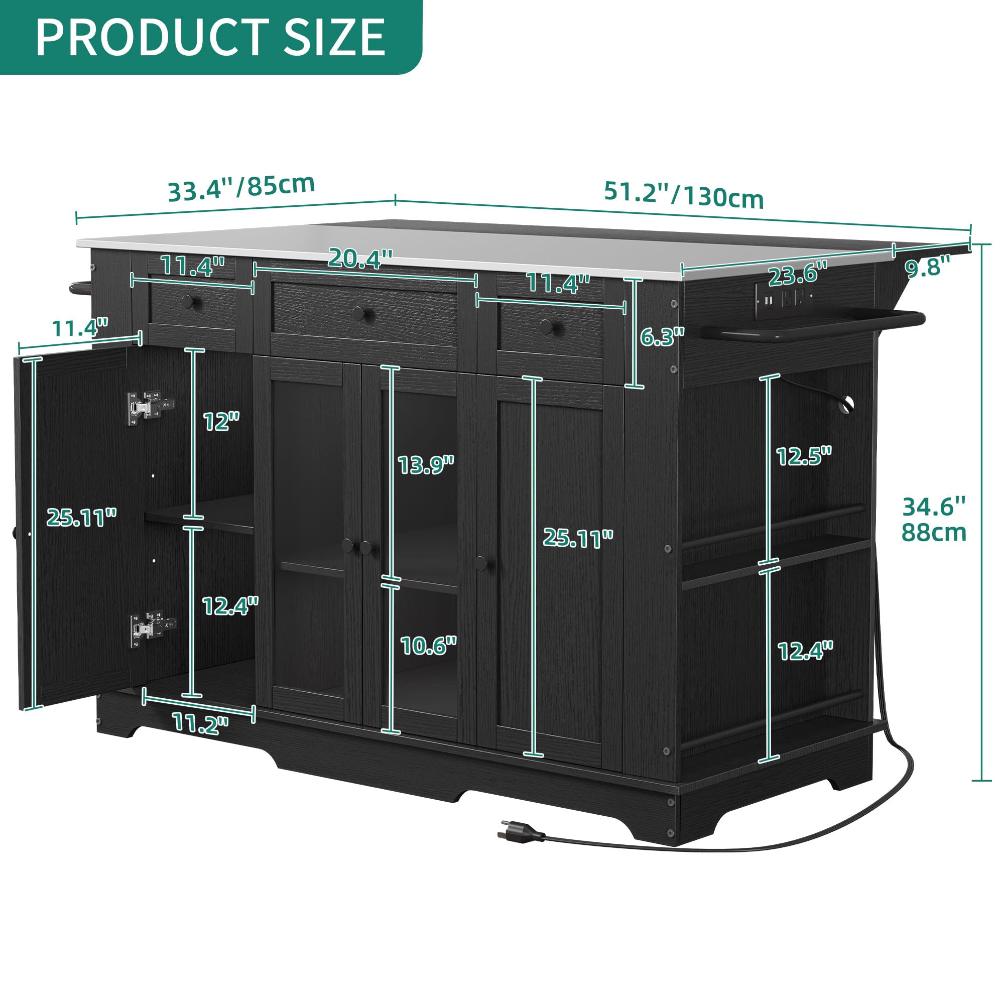 YITAHOME 60 Inch Kitchen Island with Stainless Steel Top & Power Outlet - Mobile Kitchen Cart with Drop Leaf, Storage Drawers & Wheels - Black Metal Countertop Island for Small Spaces & Apartment Cooking - Perfect for Meal Prep, Baking & Extra Counter Space
