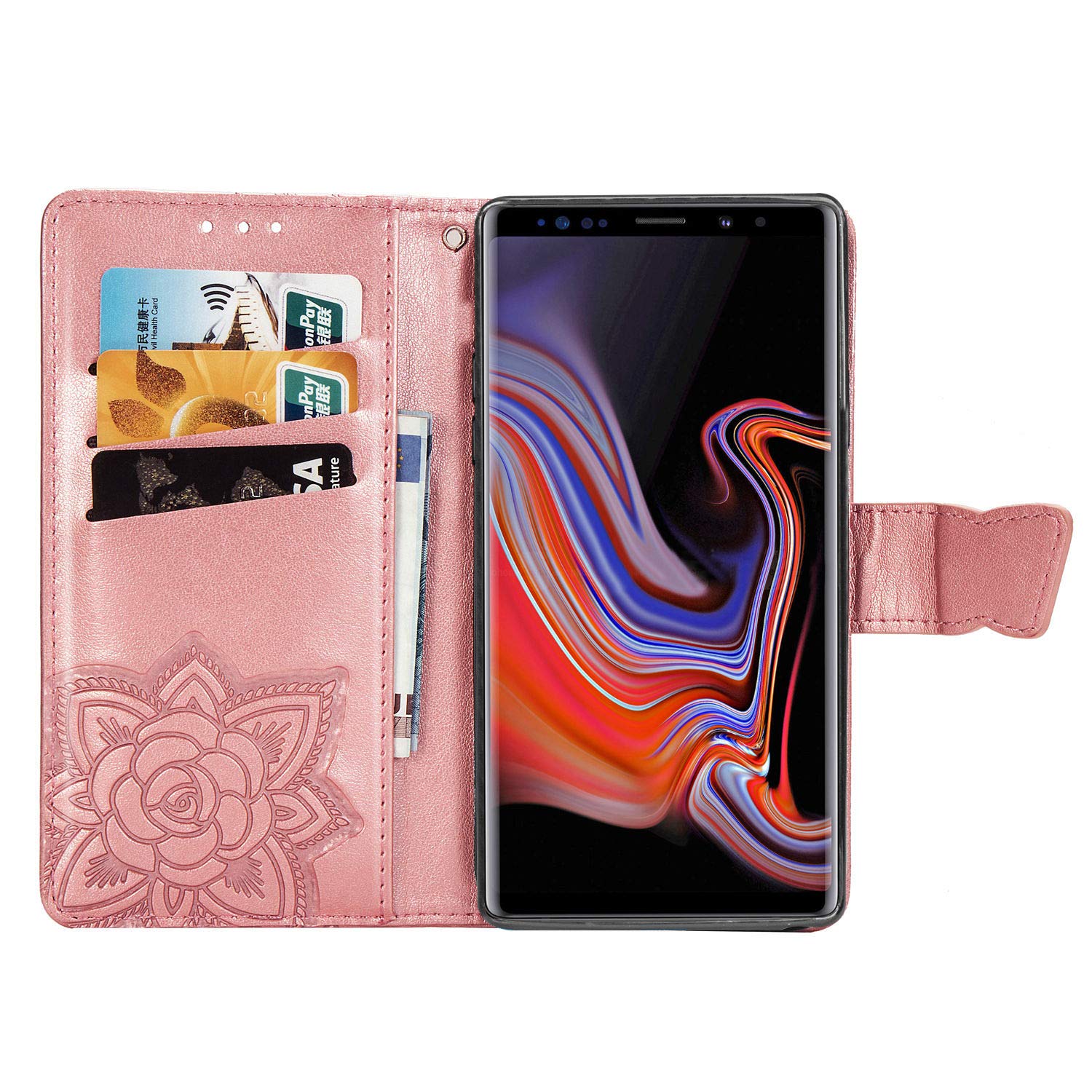 3D Butterfly Flower Embossed Leather Wallet Case for Samsung Galaxy Note 9 - Slim Flip Protective Cover with Magnetic Closure, Credit Card Slots & Kickstand Function (Rose Gold) | Perfect for Daily Use, Travel & Hands-Free Viewing