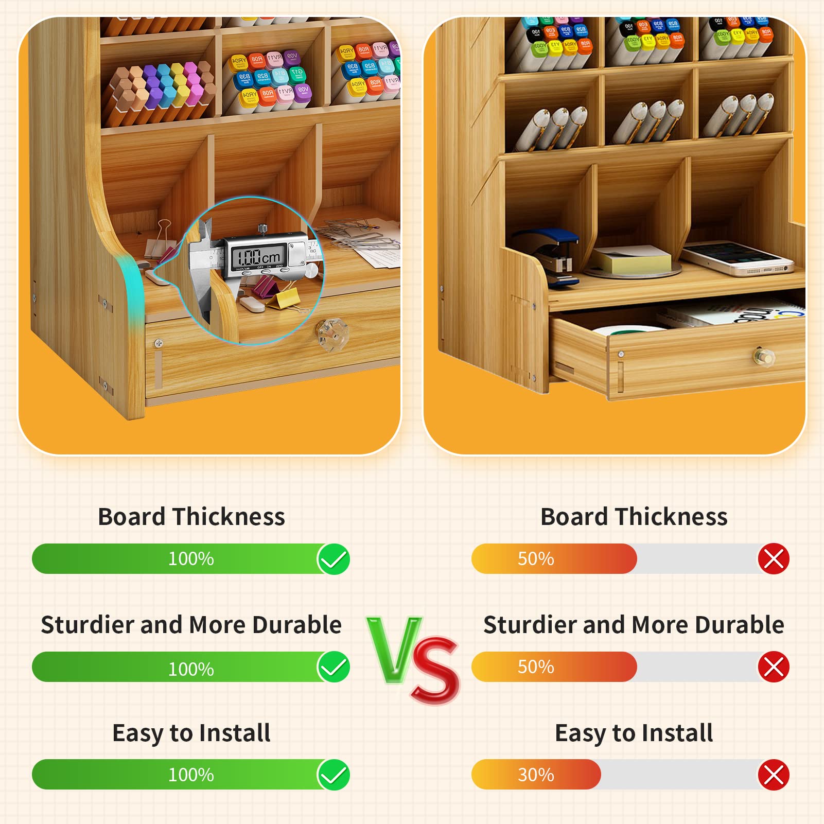 Premium Wooden Pen Organizer with Drawer - DIY Desk Stationery Holder for Home & Office Supplies | Cherry Finish | Perfect for Artists, Writers & Students