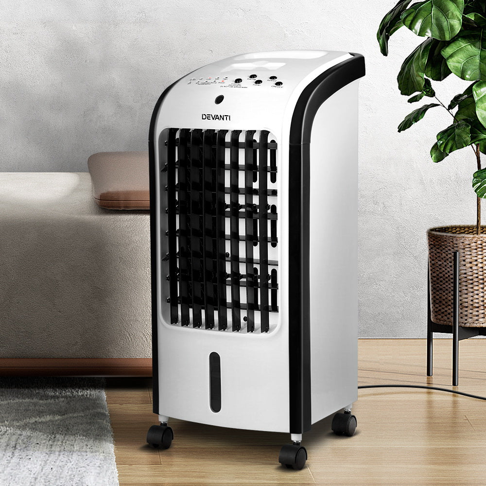 Devanti 4L Portable Evaporative Air Cooler - Personal Space Cooler for Home, Office & Outdoor Use - Energy Efficient Cooling Fan with 3 Speeds & 7-Hour Timer