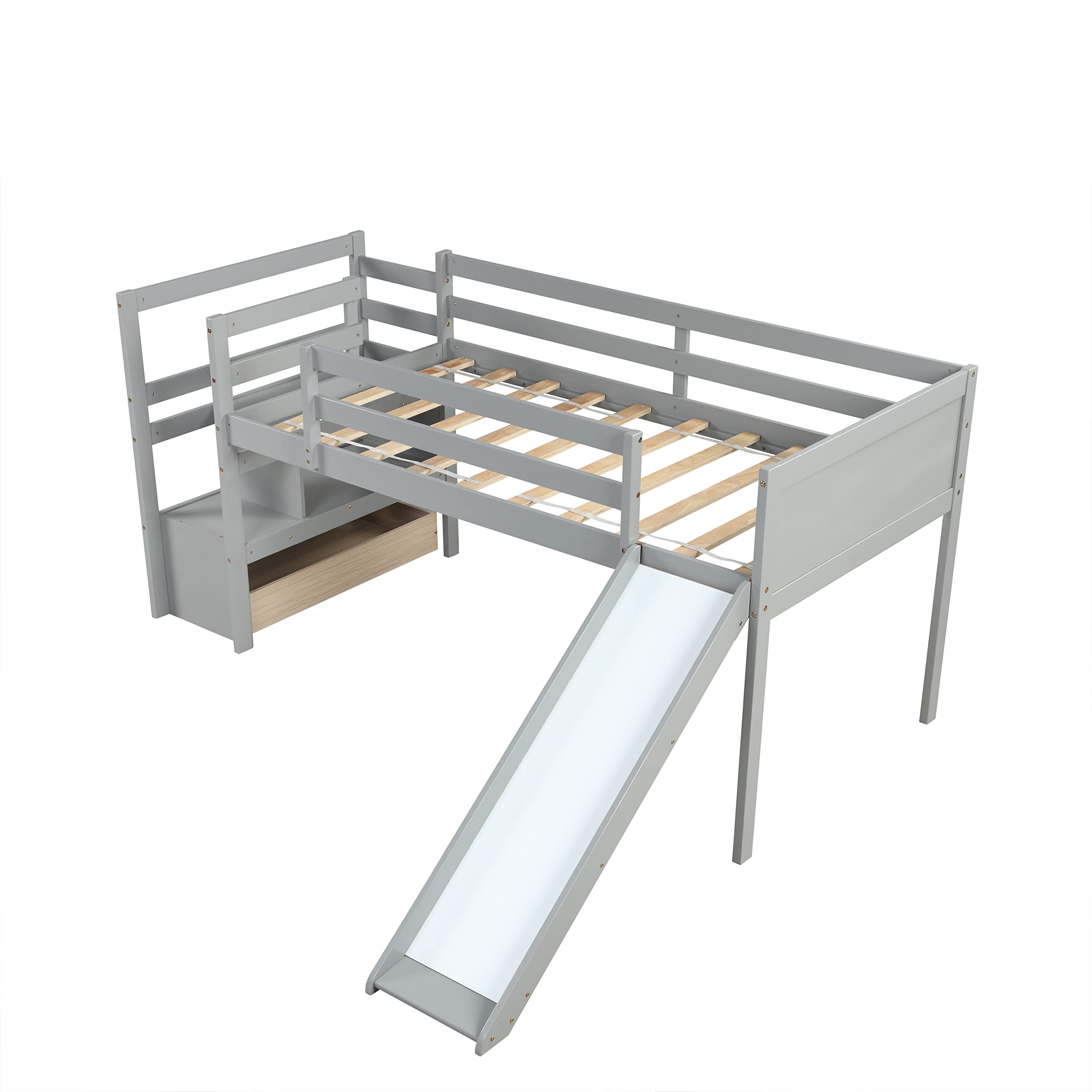 Twin Loft Bed with Slide, Wooden Storage Staircase & Drawers - Space-Saving Kids & Teens Bedroom Furniture - Perfect for Small Rooms, Dormitories & Shared Spaces - No Box Spring Required