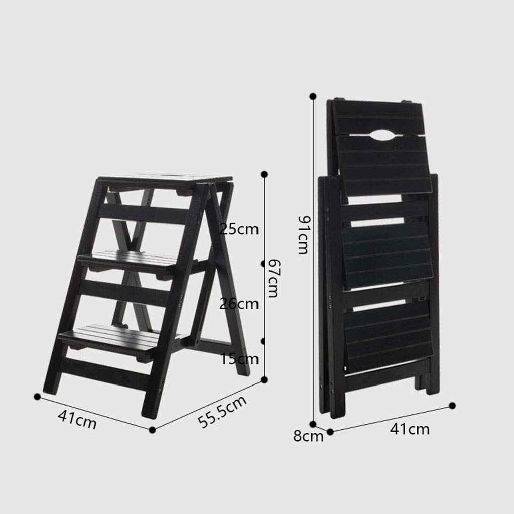 NEVKA Natural Wood Folding Step Stool with Ladder - 3 Step Portable Stool Chair, Bookshelf, and Home Ladder - 150kg Weight Capacity (Black) - Perfect for Home, Office, and Library Use