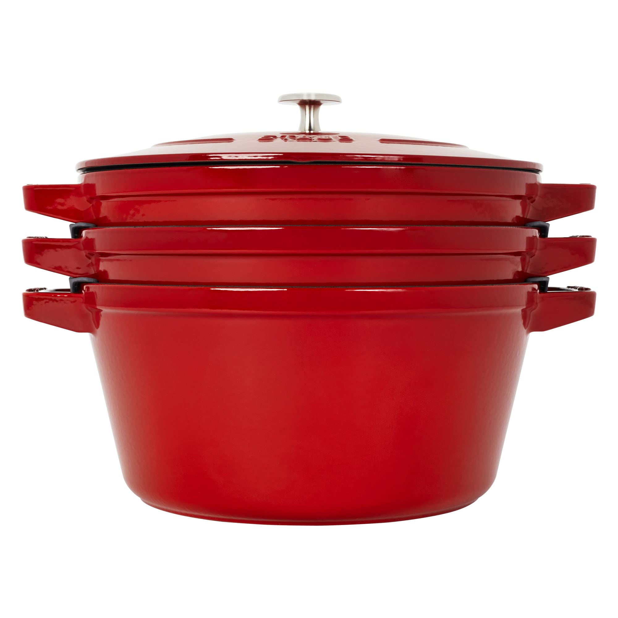 STAUB 4-Piece Cast Iron Cookware Set - Stackable Dutch Oven, Skillet & Grill Pan with Universal Lid - Premium French-Made Cherry Red Cookware for Baking, Roasting & Grilling - Perfect for Home Kitchens & Outdoor Cooking
