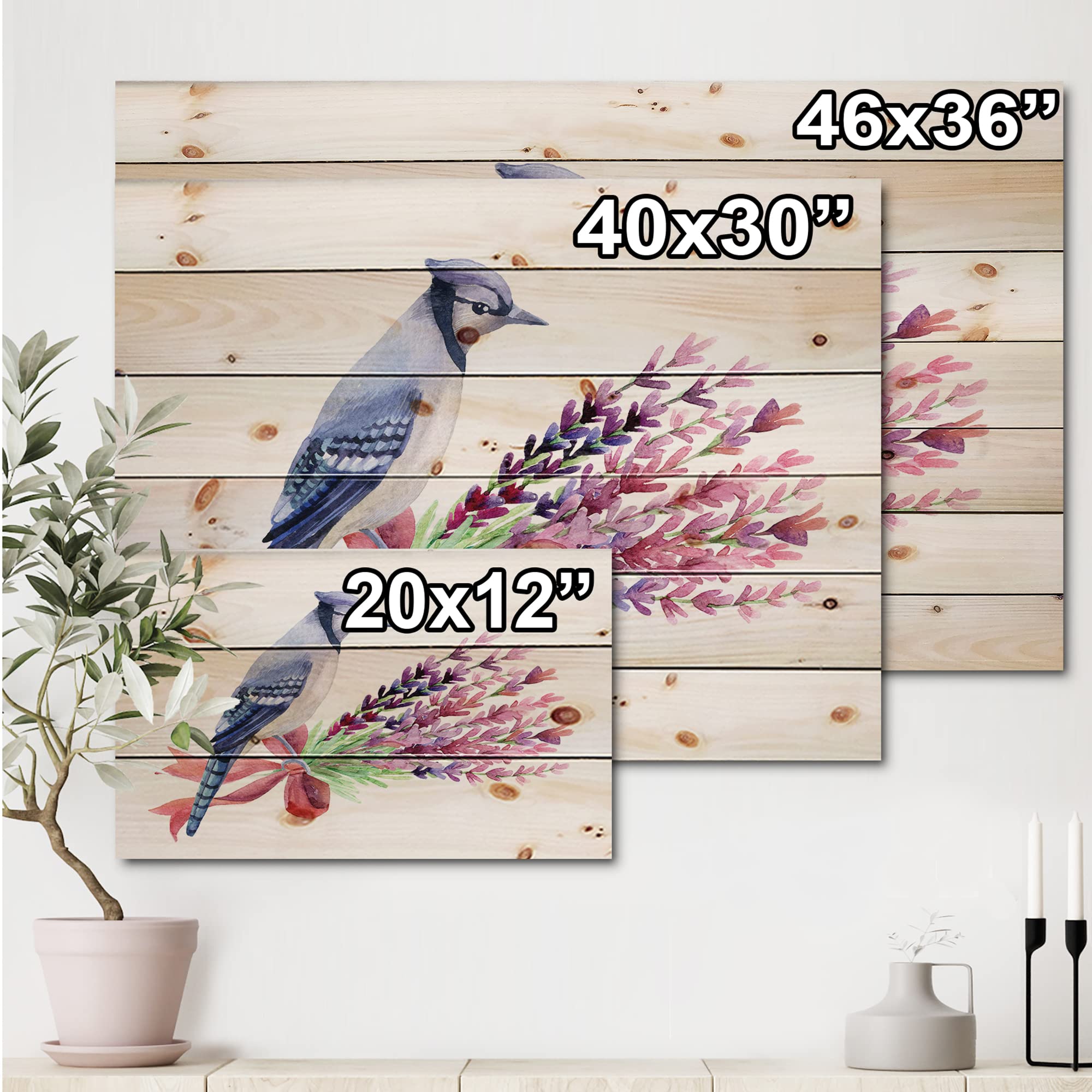 Blue Jay on Pink Flowers Wood Wall Art - Traditional Handmade Pine Wood Decor, Large Animal Wall Panel for Living Room, Bedroom & Office