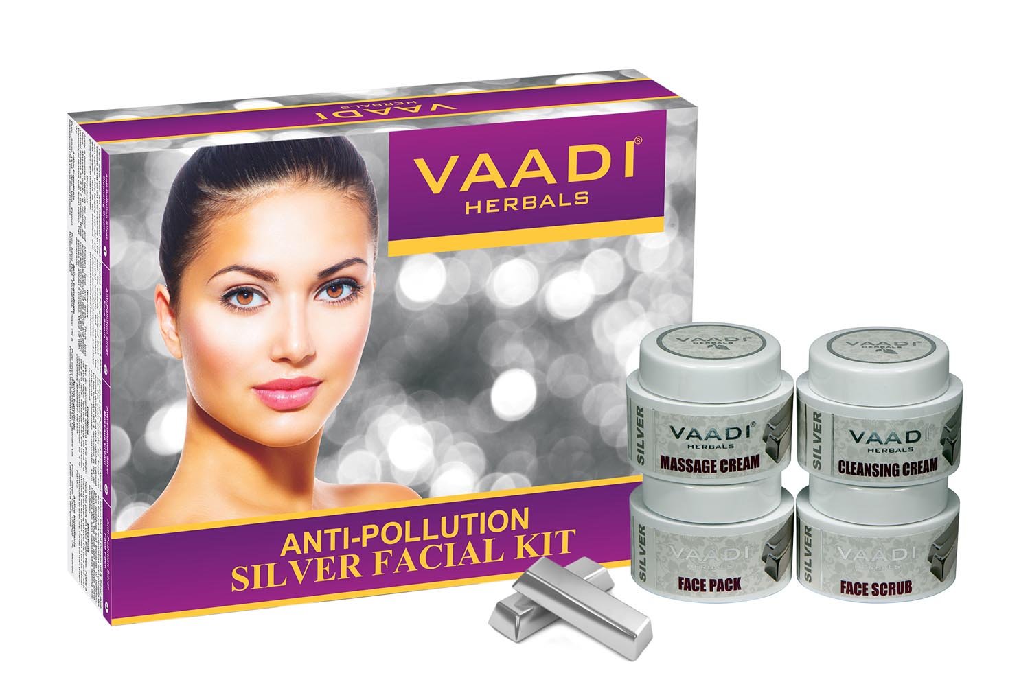 Vaadi Herbals Silver Facial Kit with Pure Silver Dust, Rosemary & Lavender Oil - 100% Natural Sandalwood Paste for All Skin Types (70g) - Brightening & Anti-Aging Treatment for Glowing Skin at Home Spa