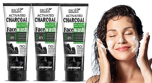 BROER Naturals Activated Charcoal Deep Pore Cleansing Face Wash for Women - Acne Treatment, Oil Control & Blackhead Removal (100ml x 3) 300ml | Gentle Daily Cleanser for Oily & Combination Skin | Perfect for Morning & Night Skincare Routine