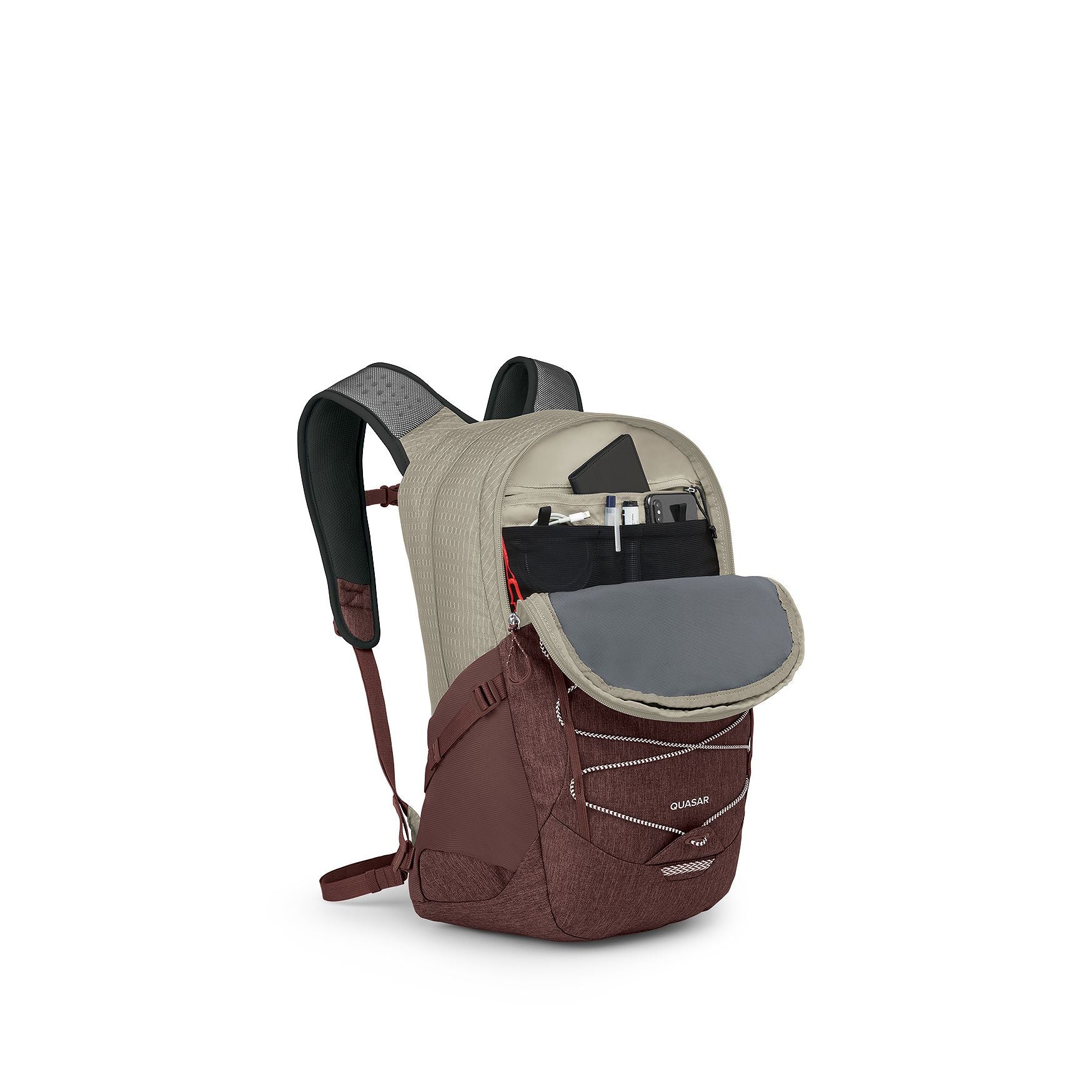 Osprey Quasar 26L Everyday Commute Backpack for Men & Women - Lightweight Laptop Daypack with Padded Sleeve - Sawdust Tan/Raisin Red - Perfect for Work, Travel & Outdoor Adventures