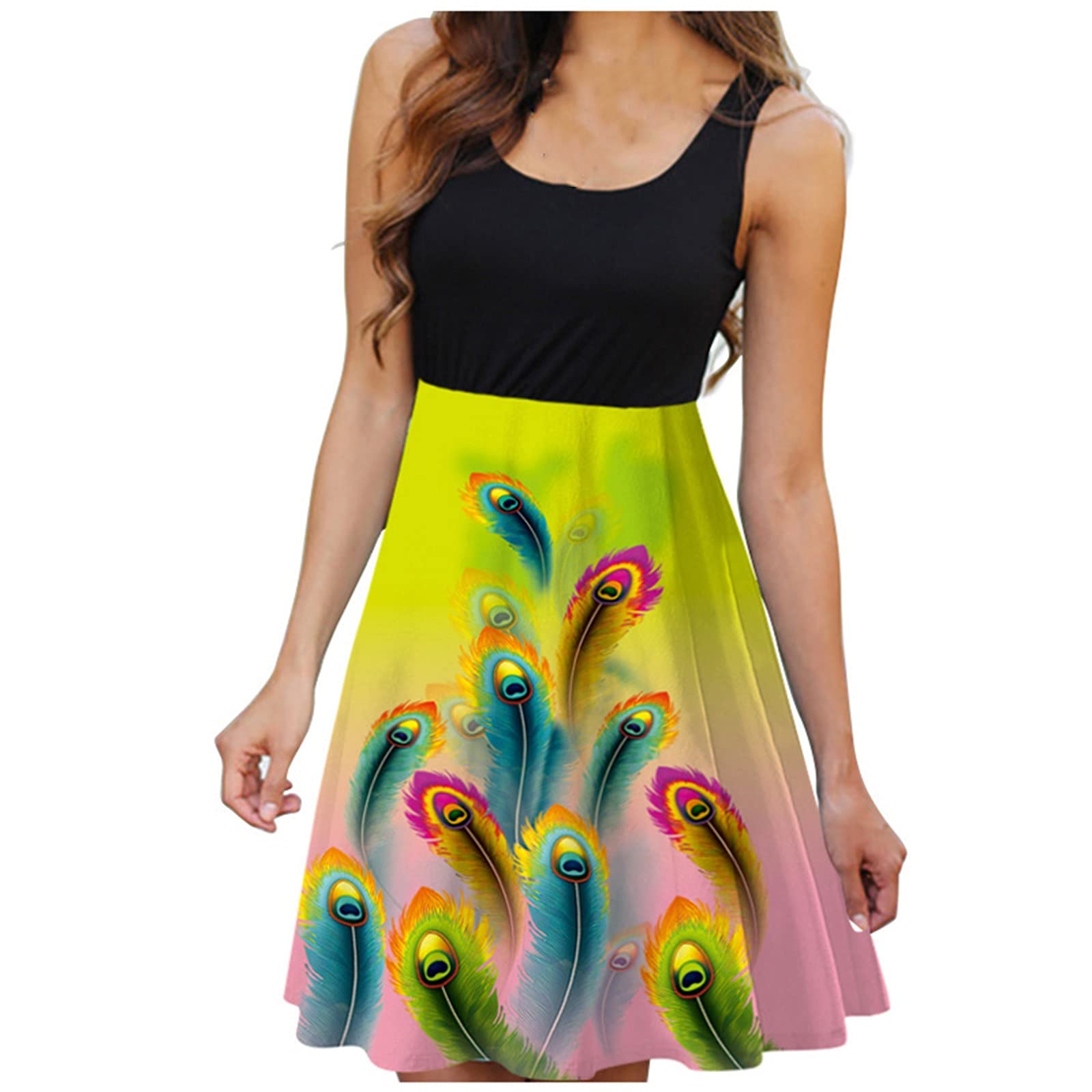 Women's Round Neck Sleeveless Ruffle Dress - Floral Digital Print Casual Summer Dress for Beach, Party & Everyday Wear