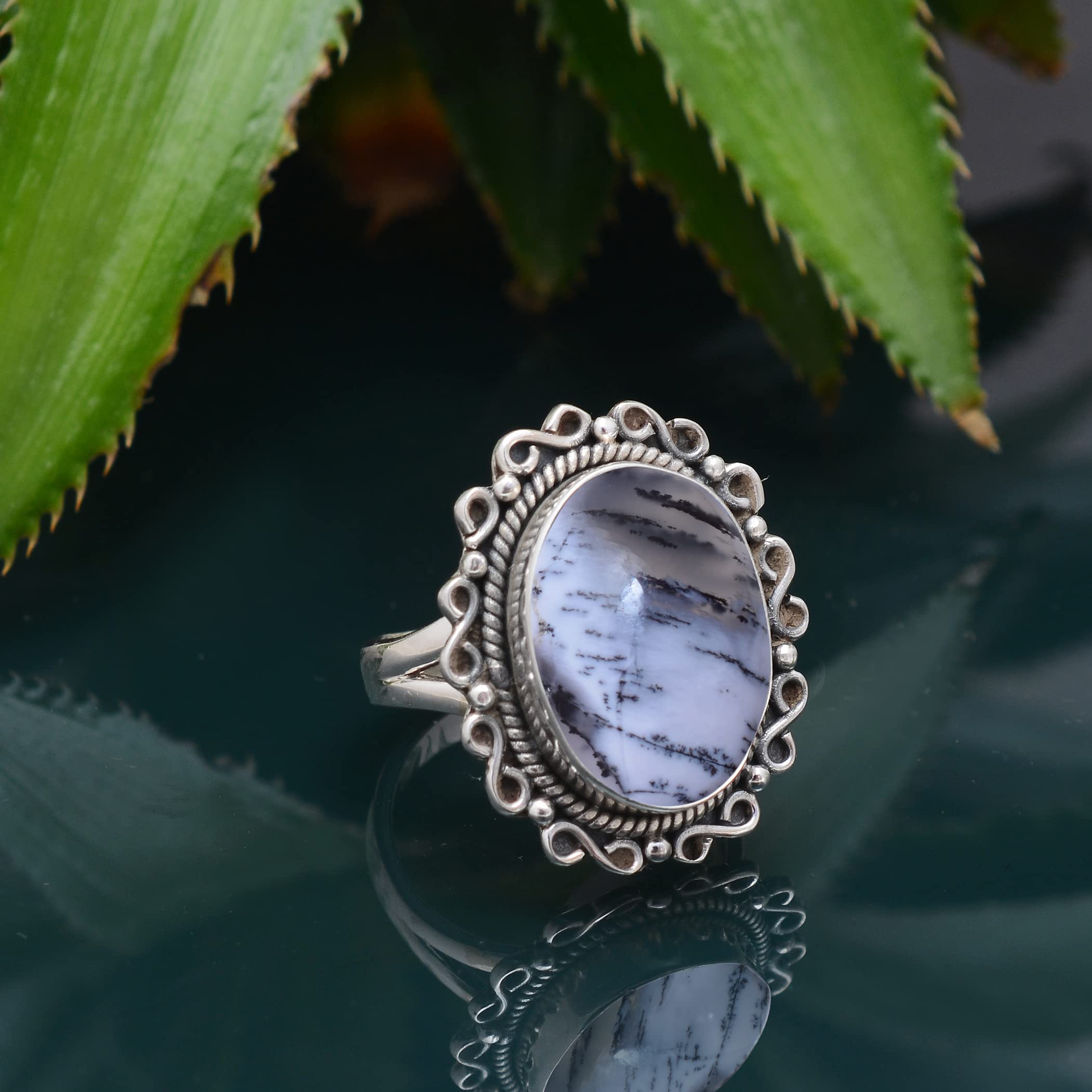 Veracity Jewelry Women's 925 Sterling Silver Dendrite Opal & Dendritic Agate Ring - Healing Meditation Gemstone Jewelry in Black & White - VSR-234 | Perfect for Spiritual Healing, Meditation & Everyday Elegance