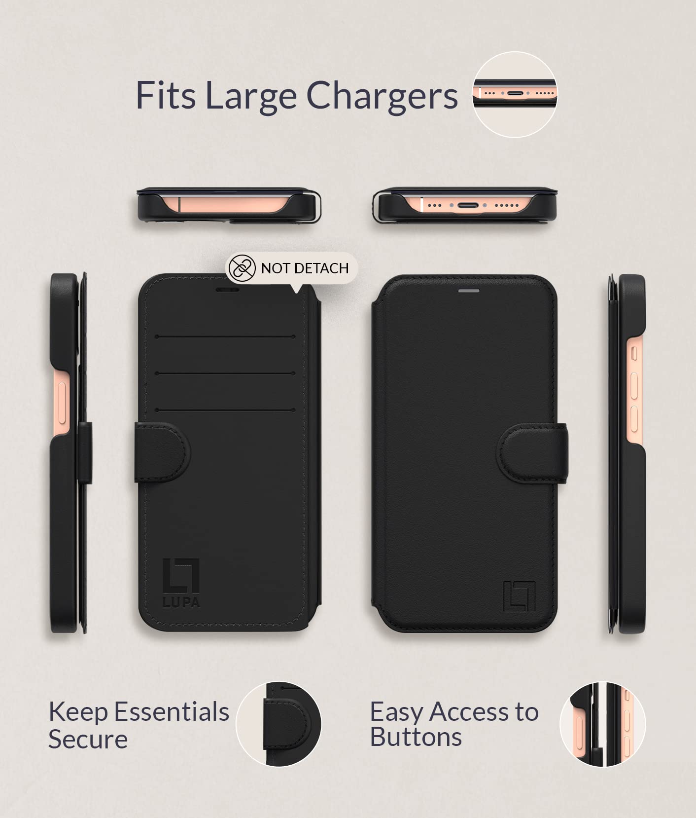 LUPA Legacy iPhone 13 Pro Max Wallet Case - Slim Durable Flip Folio Cover with Card Holder - Faux Leather Phone Case for Women & Men - Perfect for Work, Travel and Everyday Use - Black