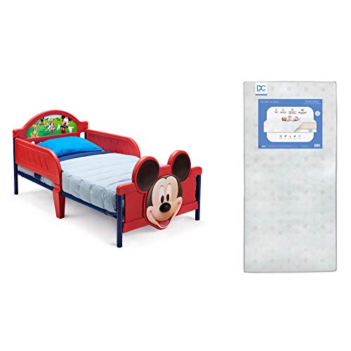 Delta Children 3D-Footboard Toddler Bed with Disney Mickey Mouse Twinkle Galaxy Design - Dual-Sided Recycled Fiber Core Toddler Mattress Bundle | Safe & Comfortable Kids Bedroom Furniture for Daytime Naps & Overnight Sleep
