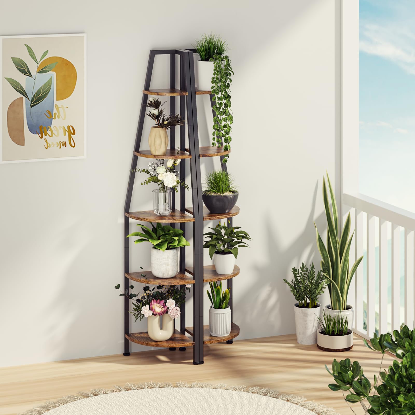5-Tier LED Corner Shelf - Rustic Brown Metal Storage Rack for Bedroom & Living Room