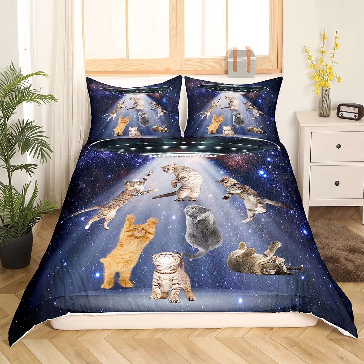 Feelyou Twin Size Cat Duvet Cover Set - 3 Piece Microfiber Comforter Cover with Pillowcase | Cute Galaxy Nebula Cat Design, Zipper Closure | Perfect for Kids' Rooms, Dorm Decor & Cat Lover Gifts